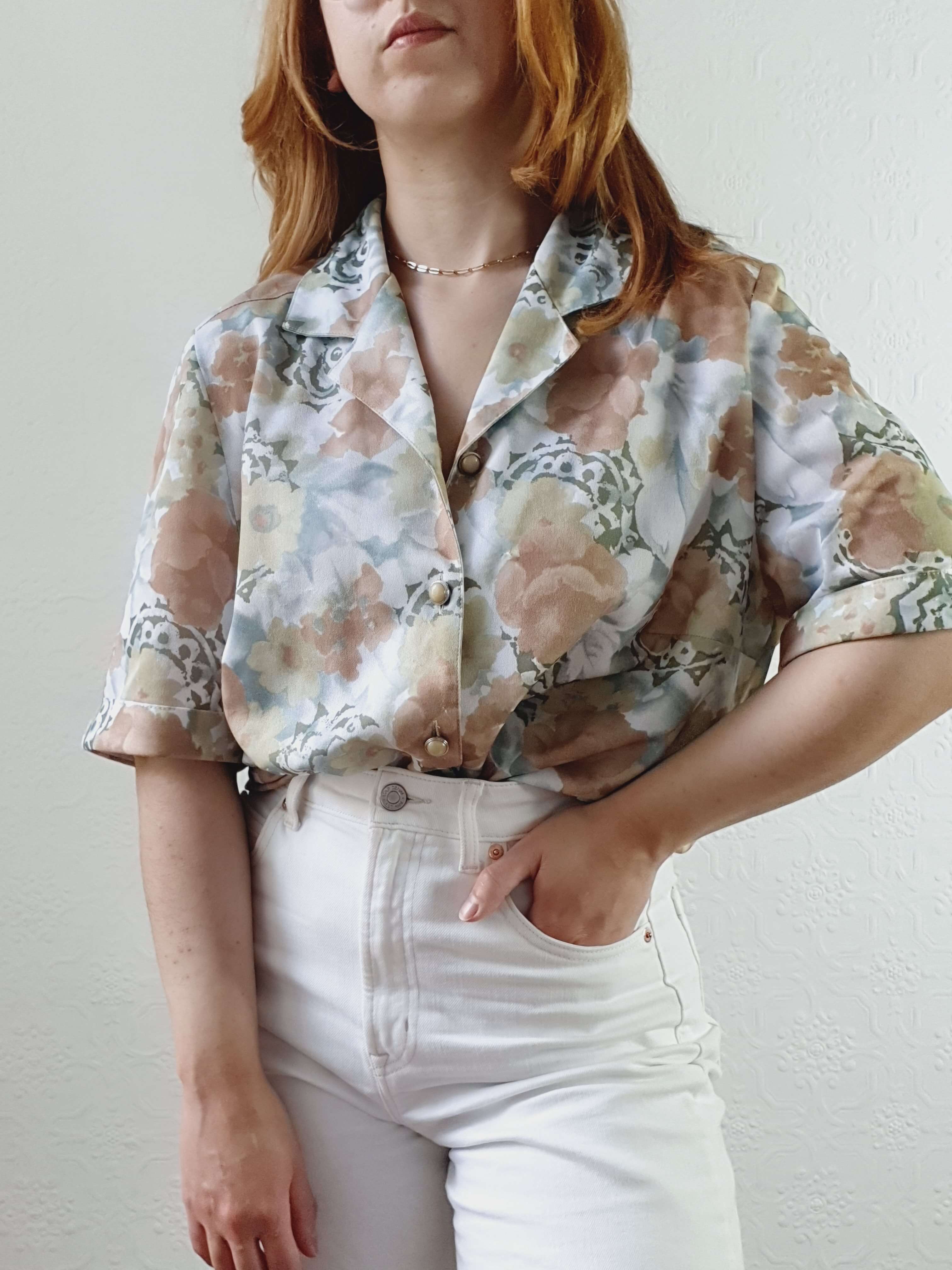 Vintage 80s Green Floral Short Sleeve Blouse - L/XL - Image 3