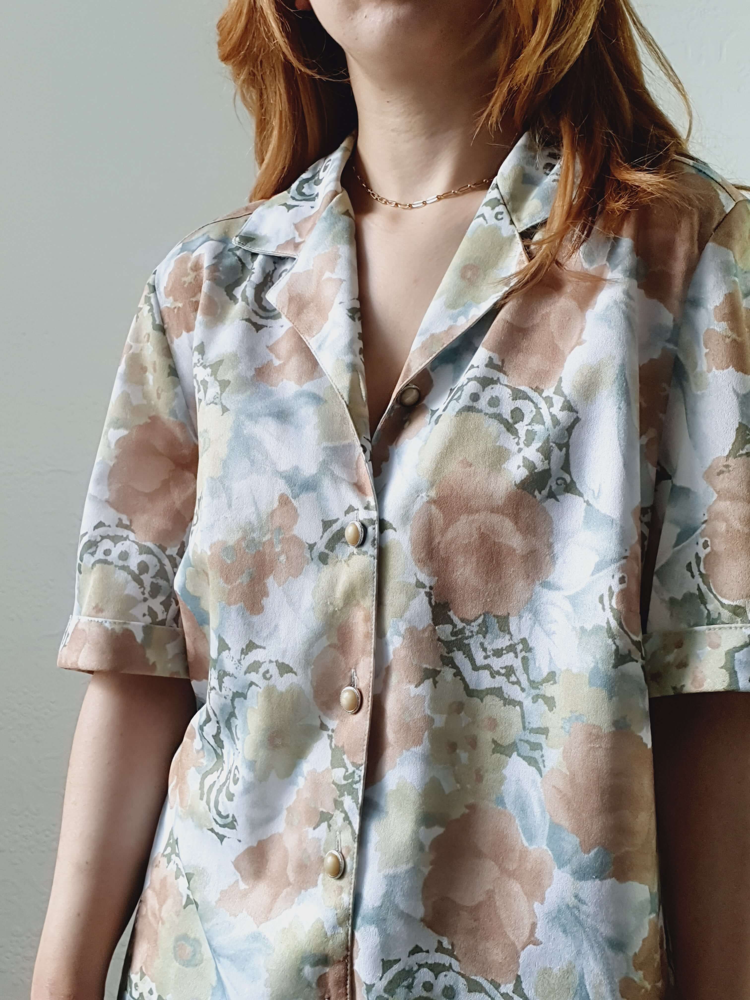 Vintage 80s Green Floral Short Sleeve Blouse - L/XL - Image 4