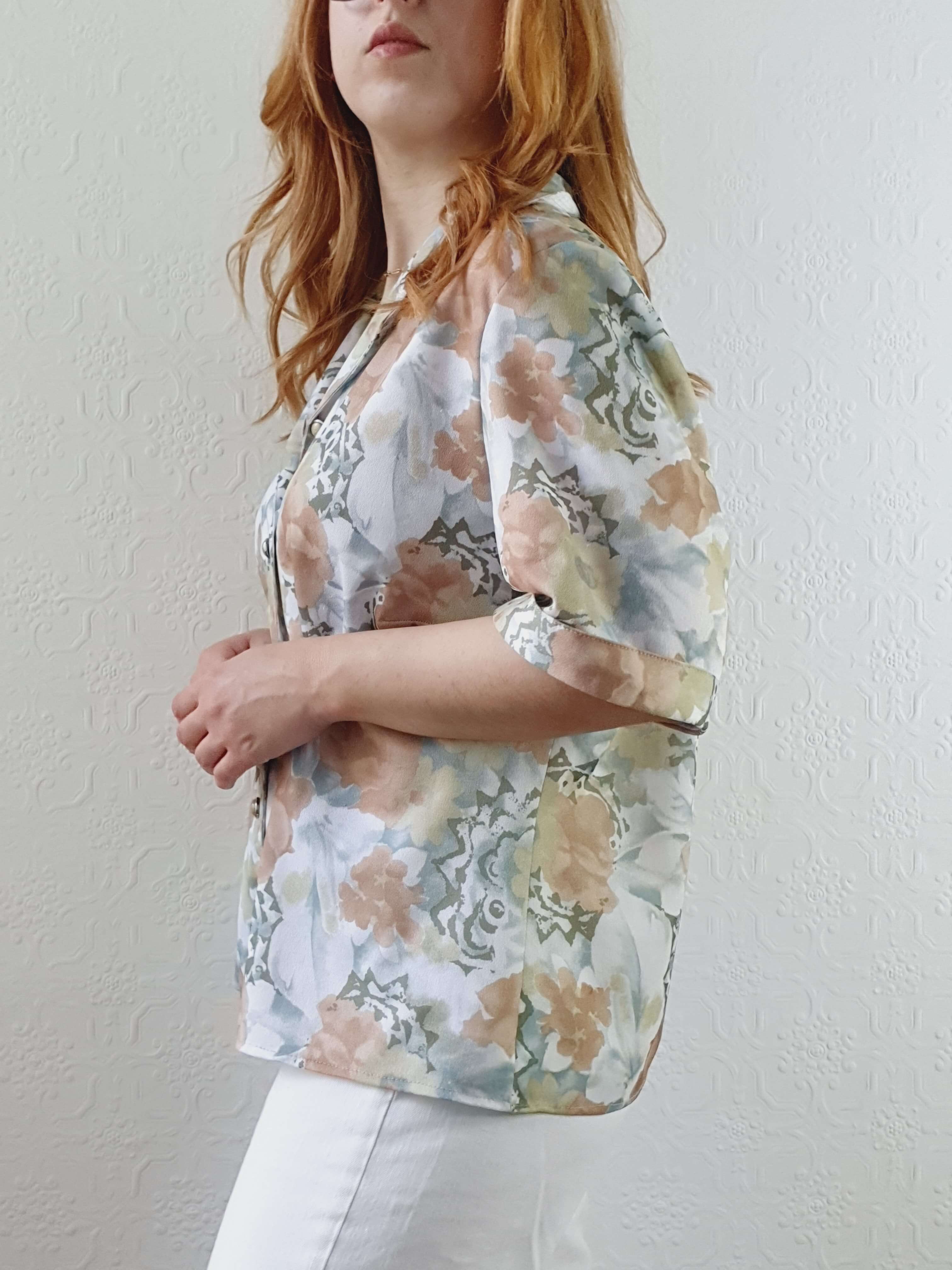Vintage 80s Green Floral Short Sleeve Blouse - L/XL - Image 5