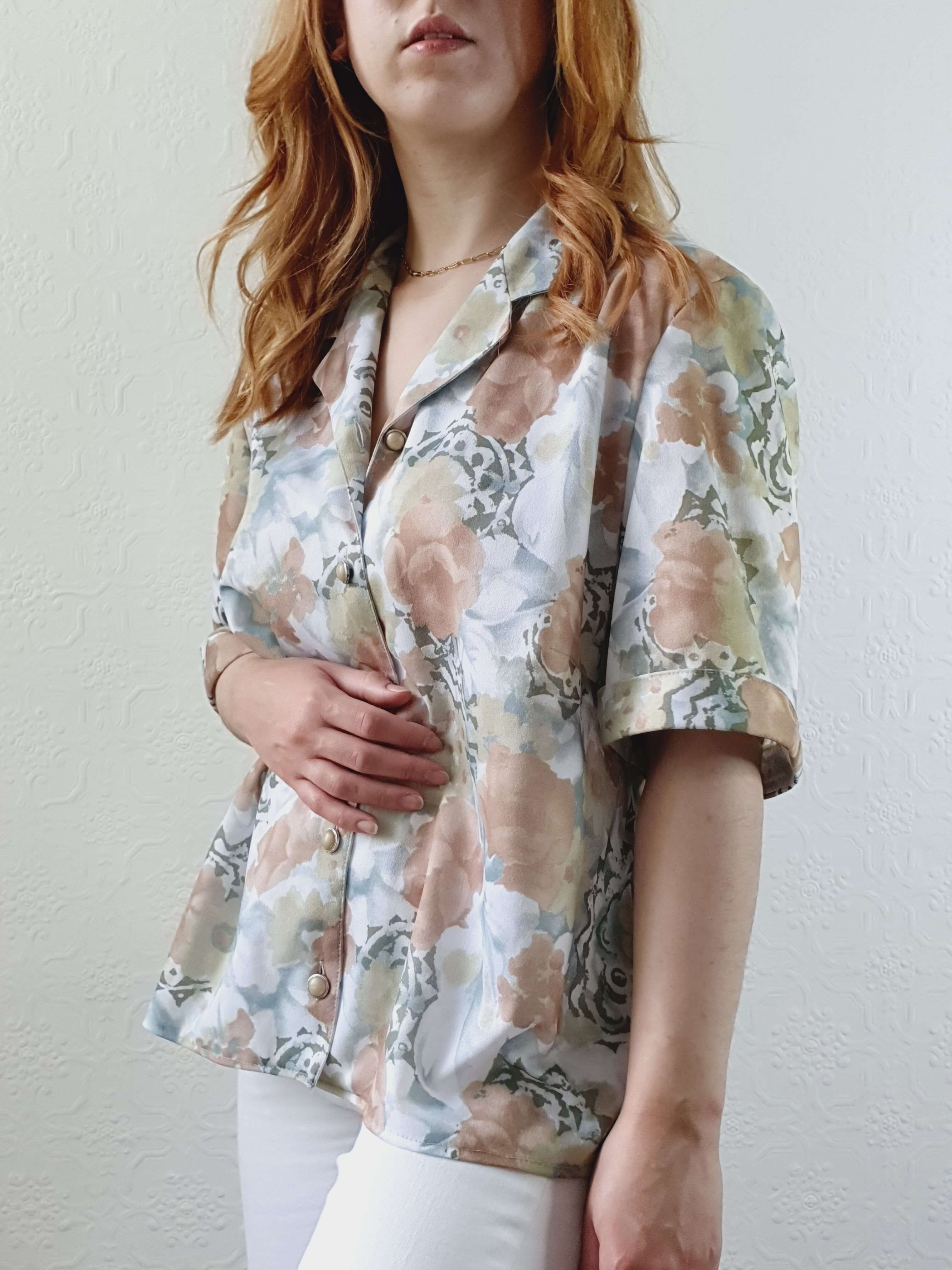 Vintage 80s Green Floral Short Sleeve Blouse - L/XL - Image 7