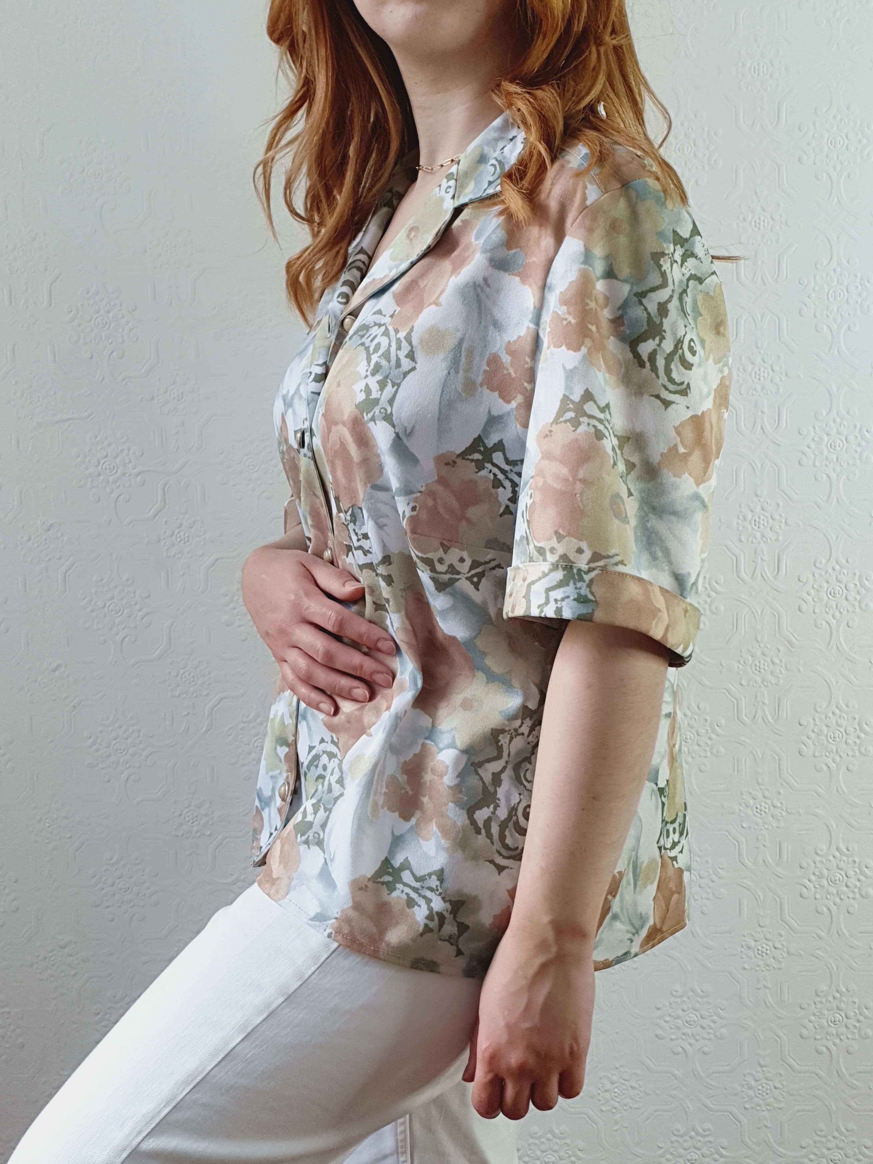 Vintage 80s Green Floral Short Sleeve Blouse - L/XL - Image 8