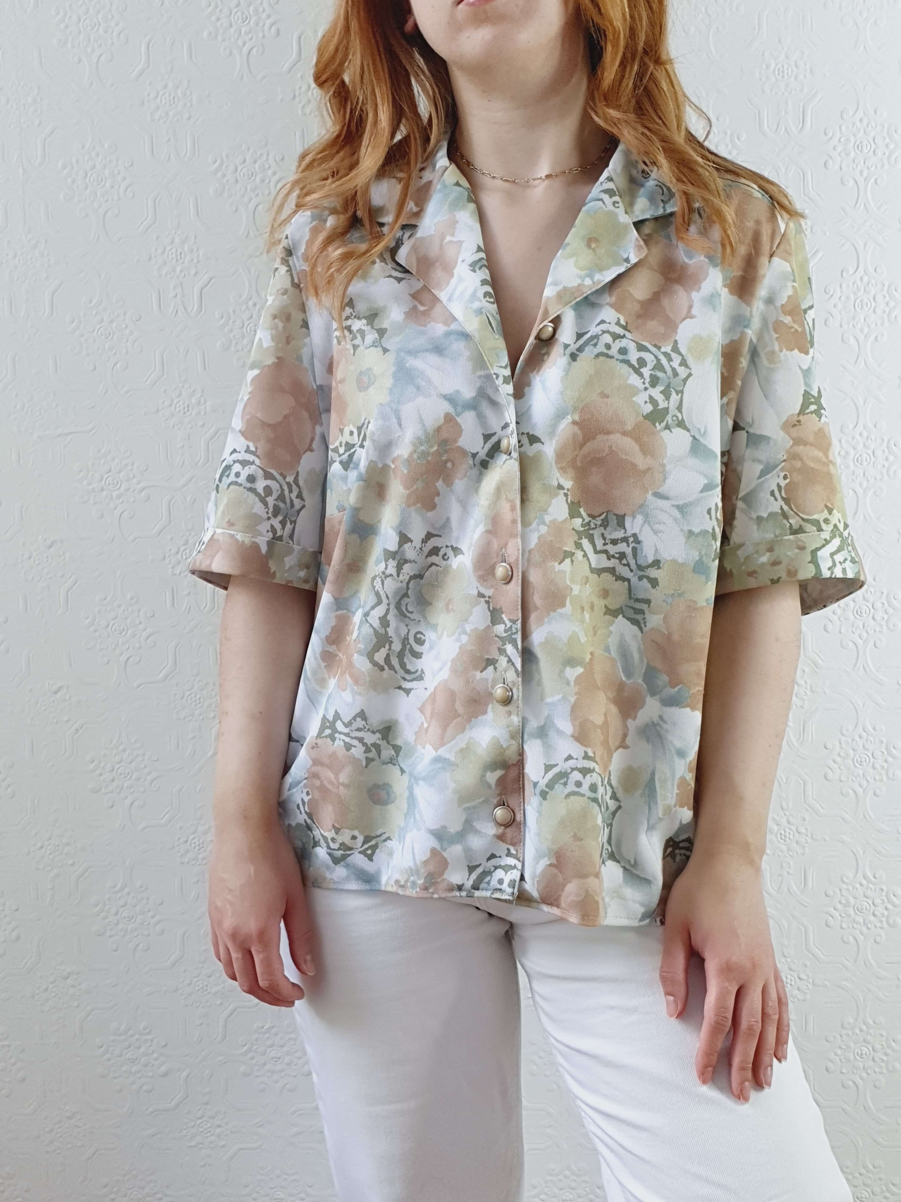 Vintage 80s Green Floral Short Sleeve Blouse - L/XL - Image 9