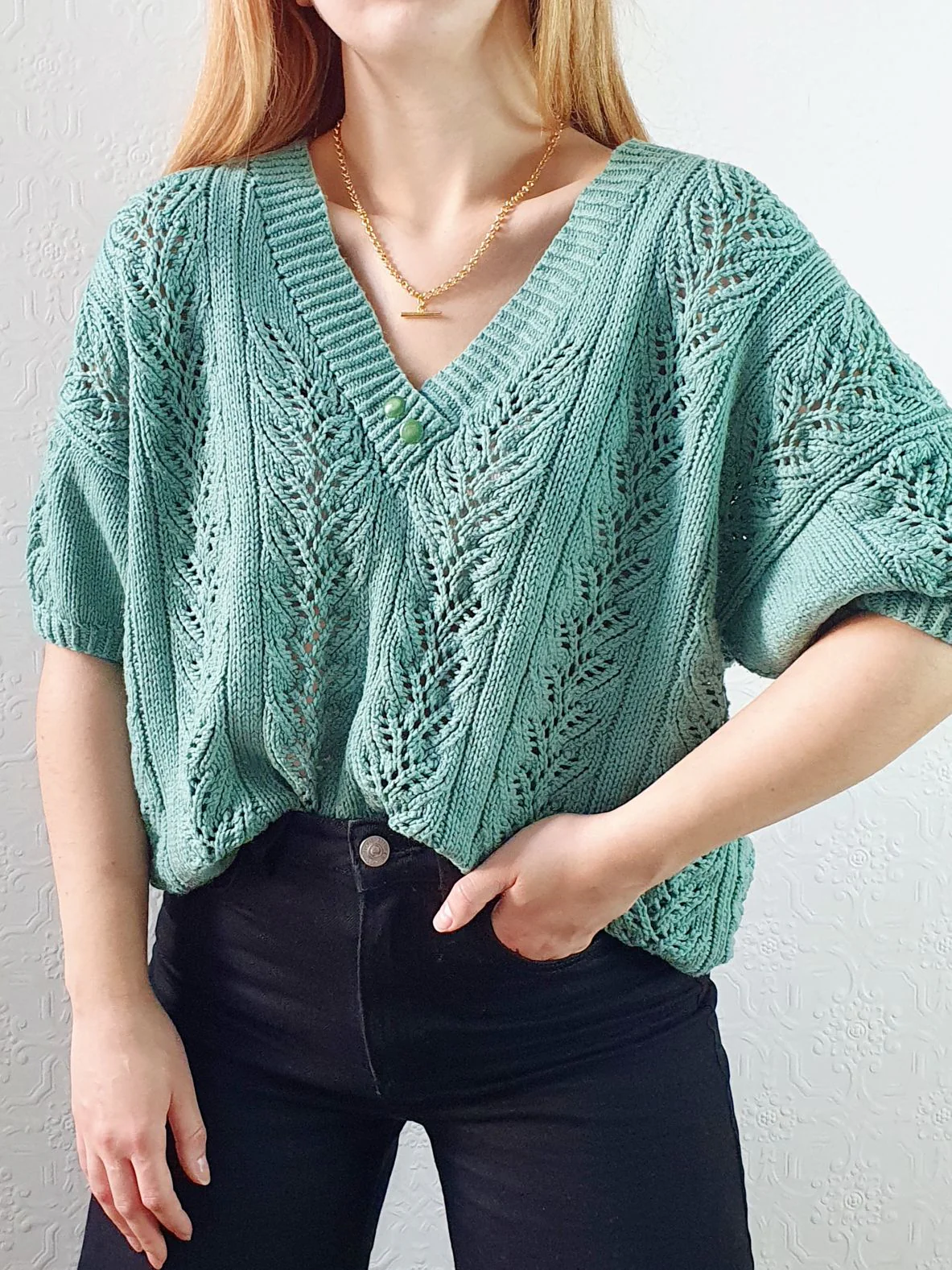 Vintage 80s Green V-Neck Crochet Jumper Top with Short Sleeves - L