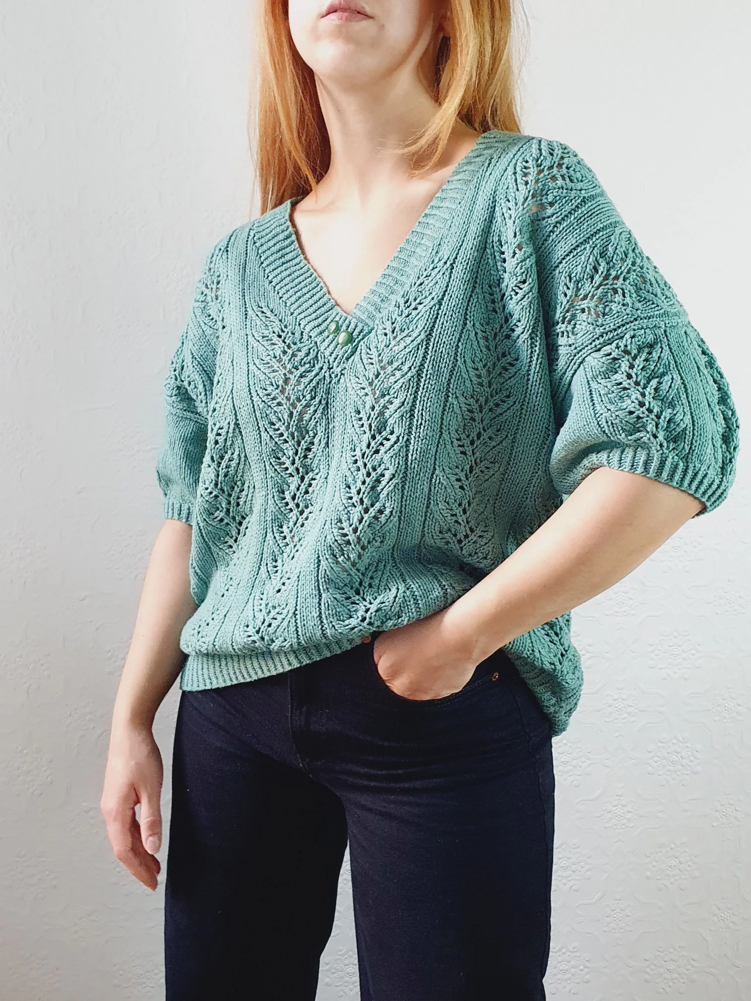 Vintage 80s Green V-Neck Crochet Jumper Top with Short Sleeves - L - Image 10