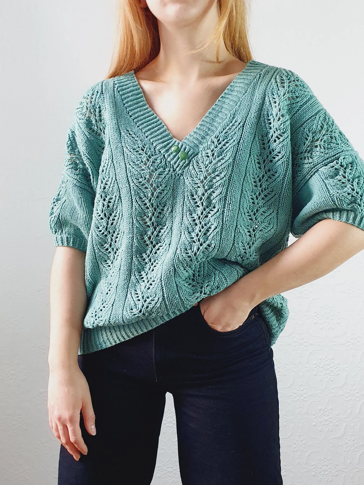 Vintage 80s Green V-Neck Crochet Jumper Top with Short Sleeves - L - Image 11