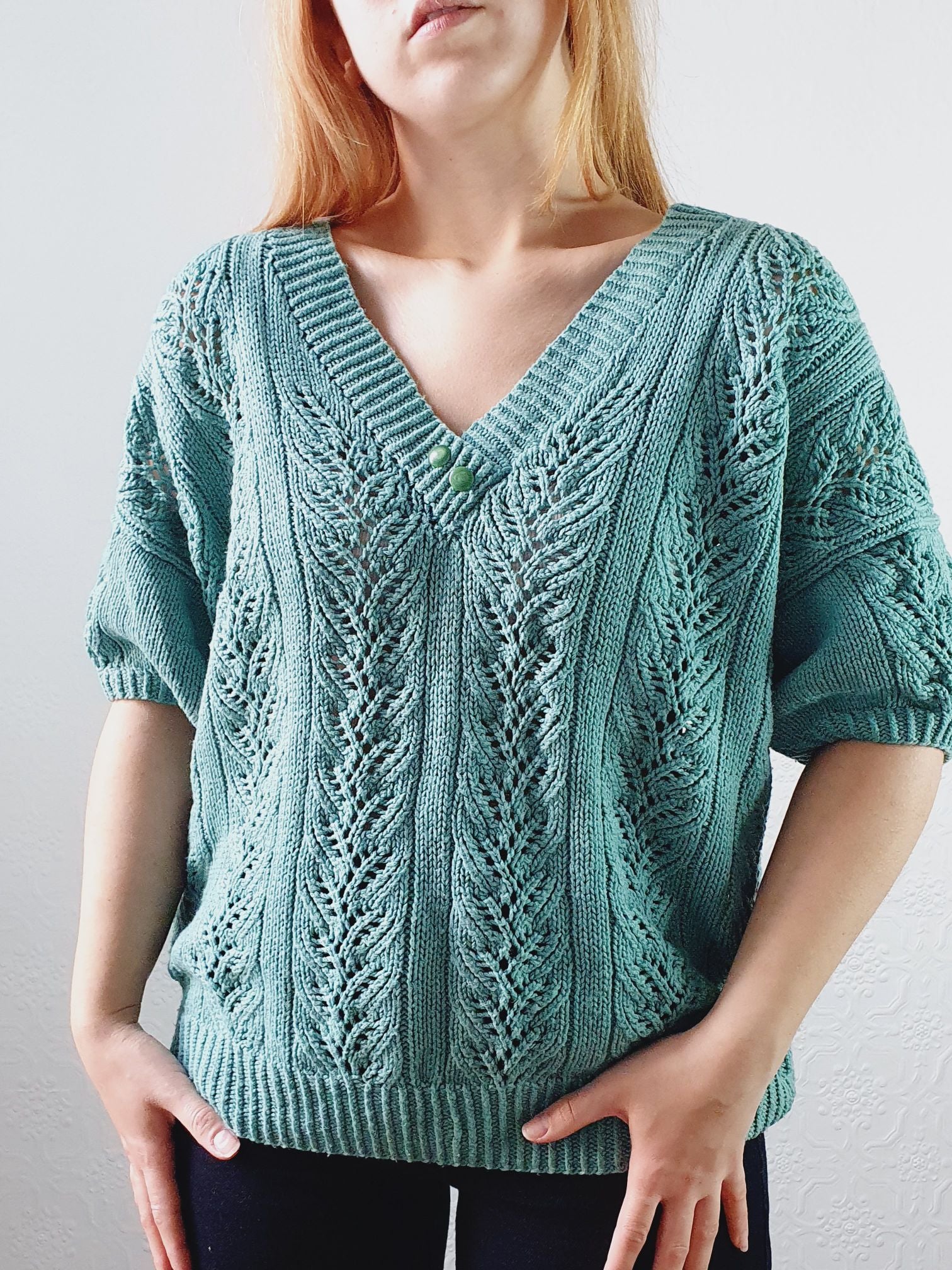 Vintage 80s Green V-Neck Crochet Jumper Top with Short Sleeves - L - Image 12