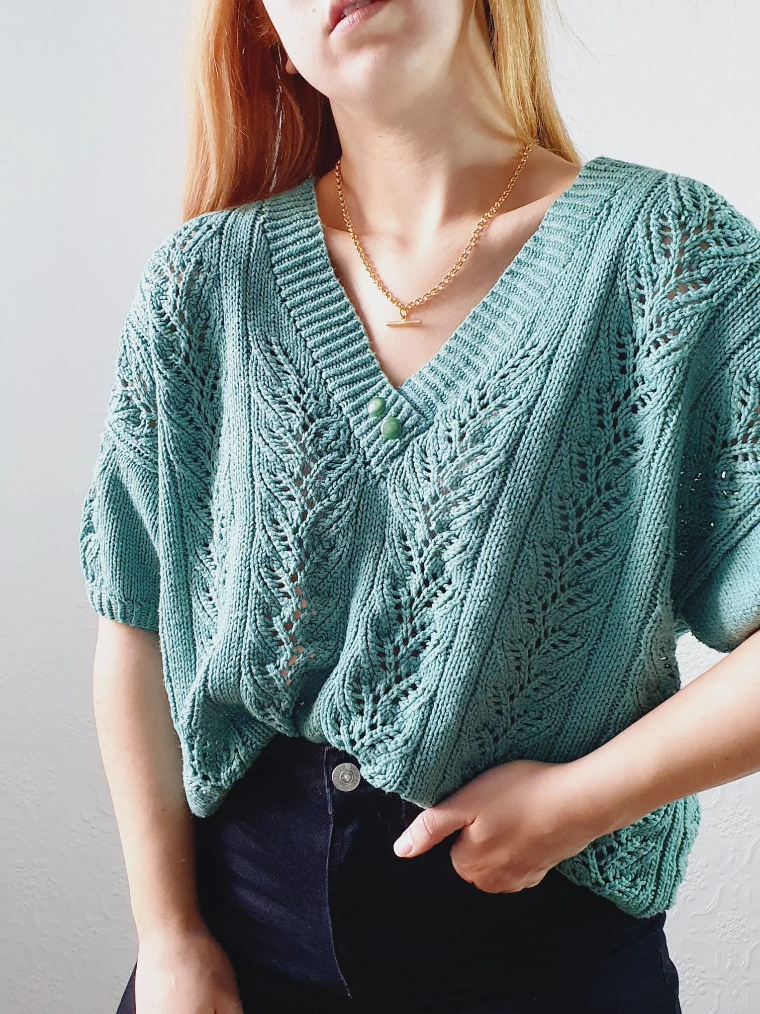 Vintage 80s Green V-Neck Crochet Jumper Top with Short Sleeves - L - Image 2