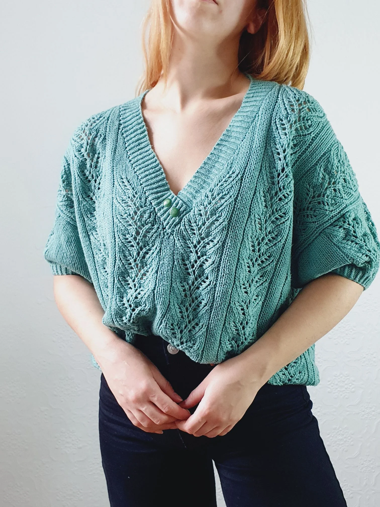 Vintage 80s Green V-Neck Crochet Jumper Top with Short Sleeves - L - Image 3