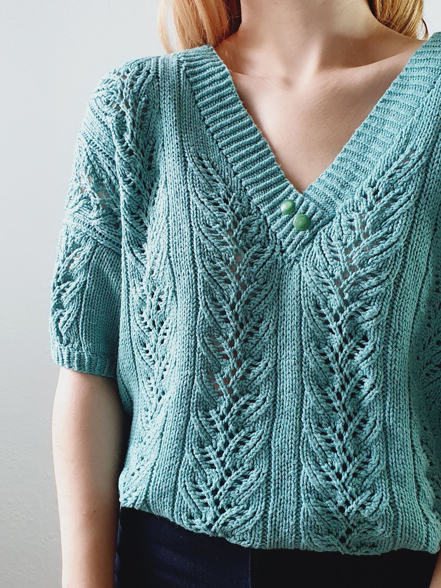 Vintage 80s Green V-Neck Crochet Jumper Top with Short Sleeves - L - Image 4