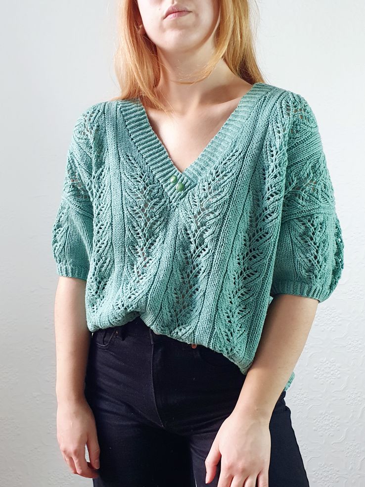 Vintage 80s Green V-Neck Crochet Jumper Top with Short Sleeves - L - Image 8