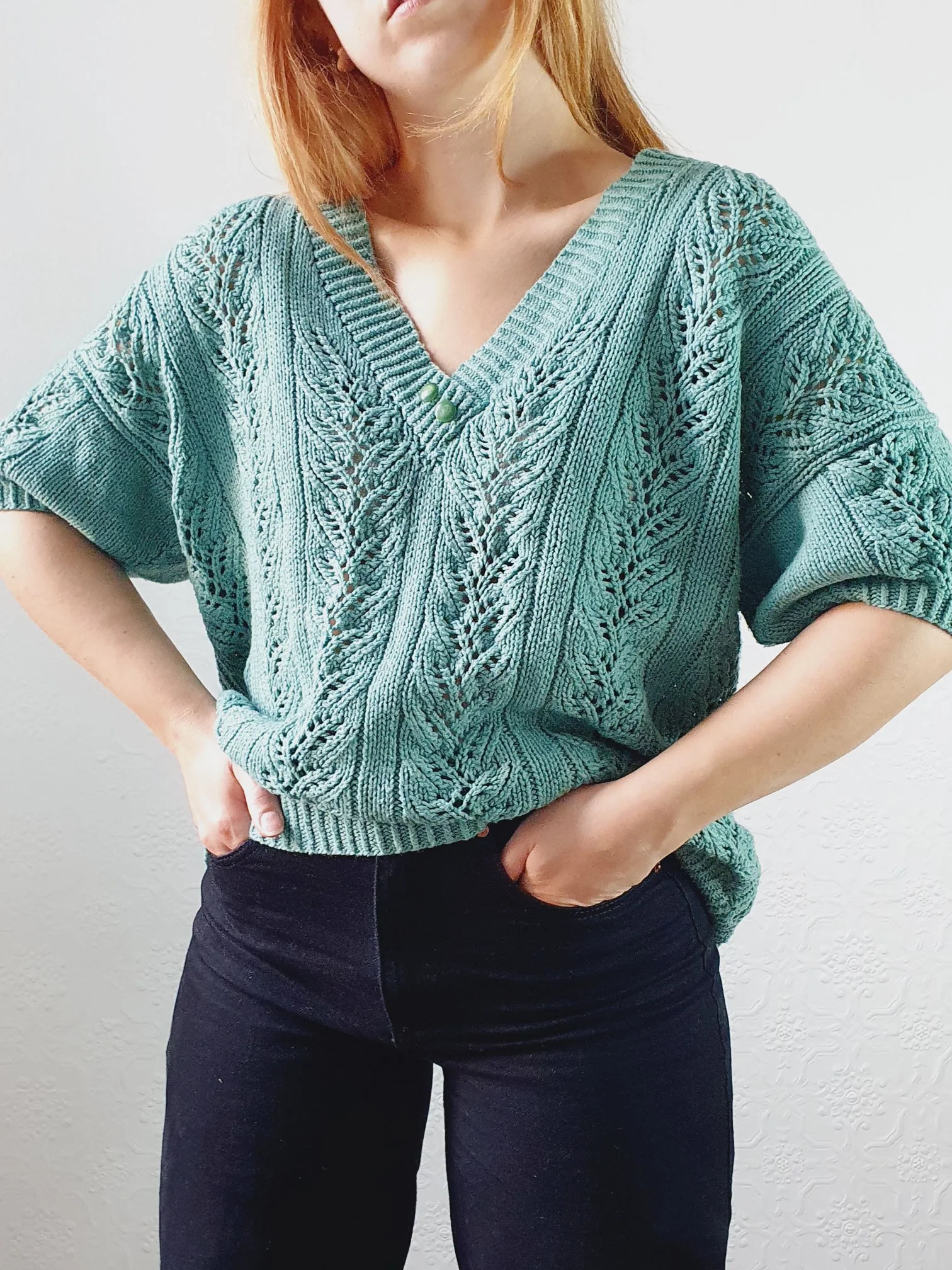 Vintage 80s Green V-Neck Crochet Jumper Top with Short Sleeves - L - Image 9
