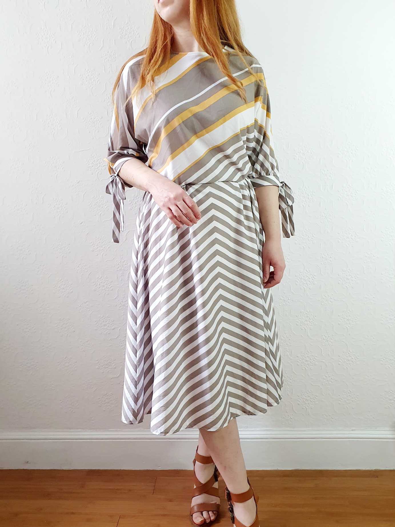 Vintage 80s Grey Striped Batwing Sleeve Dress - L