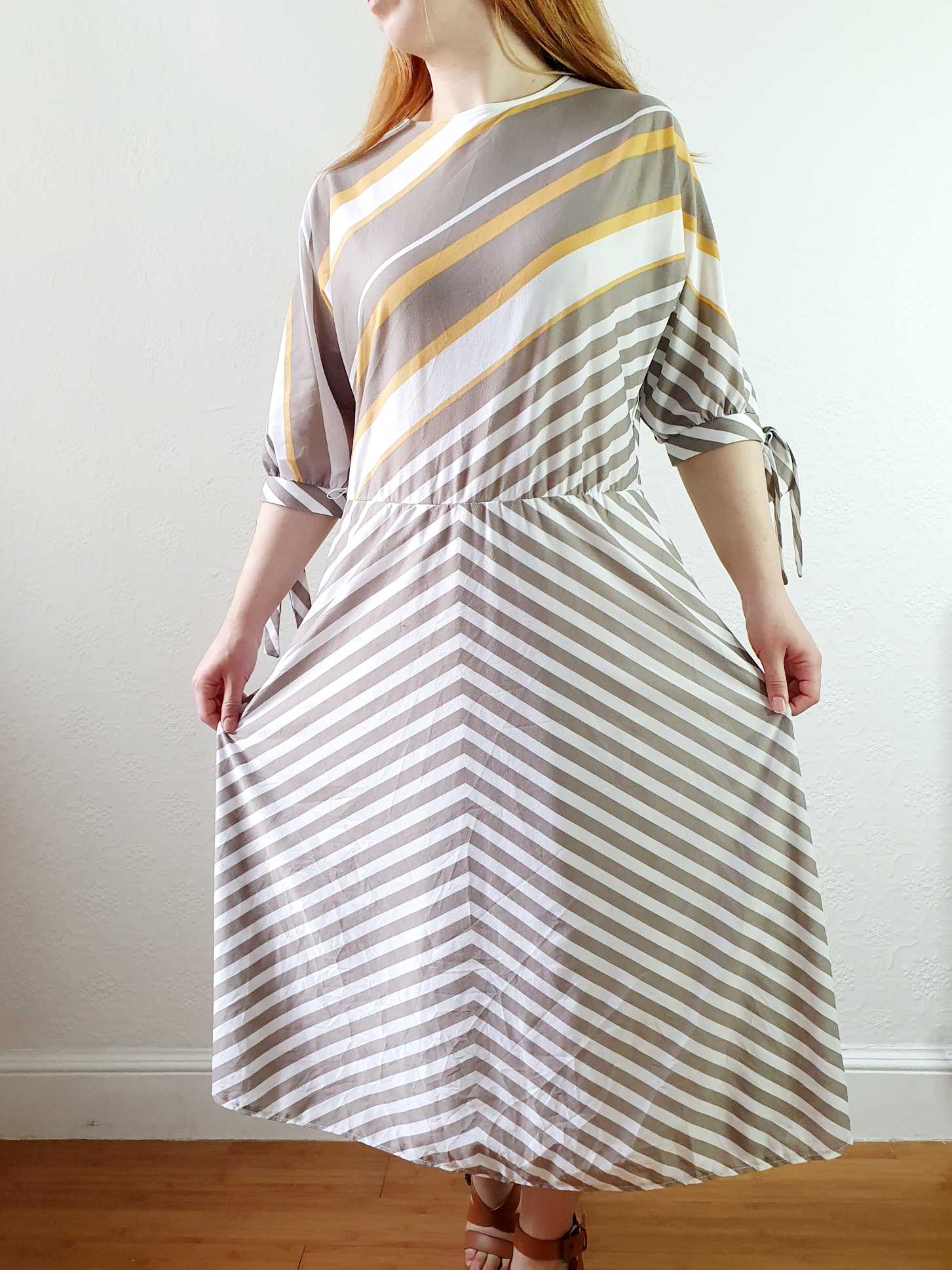 Vintage 80s Grey Striped Batwing Sleeve Dress - L - Image 8