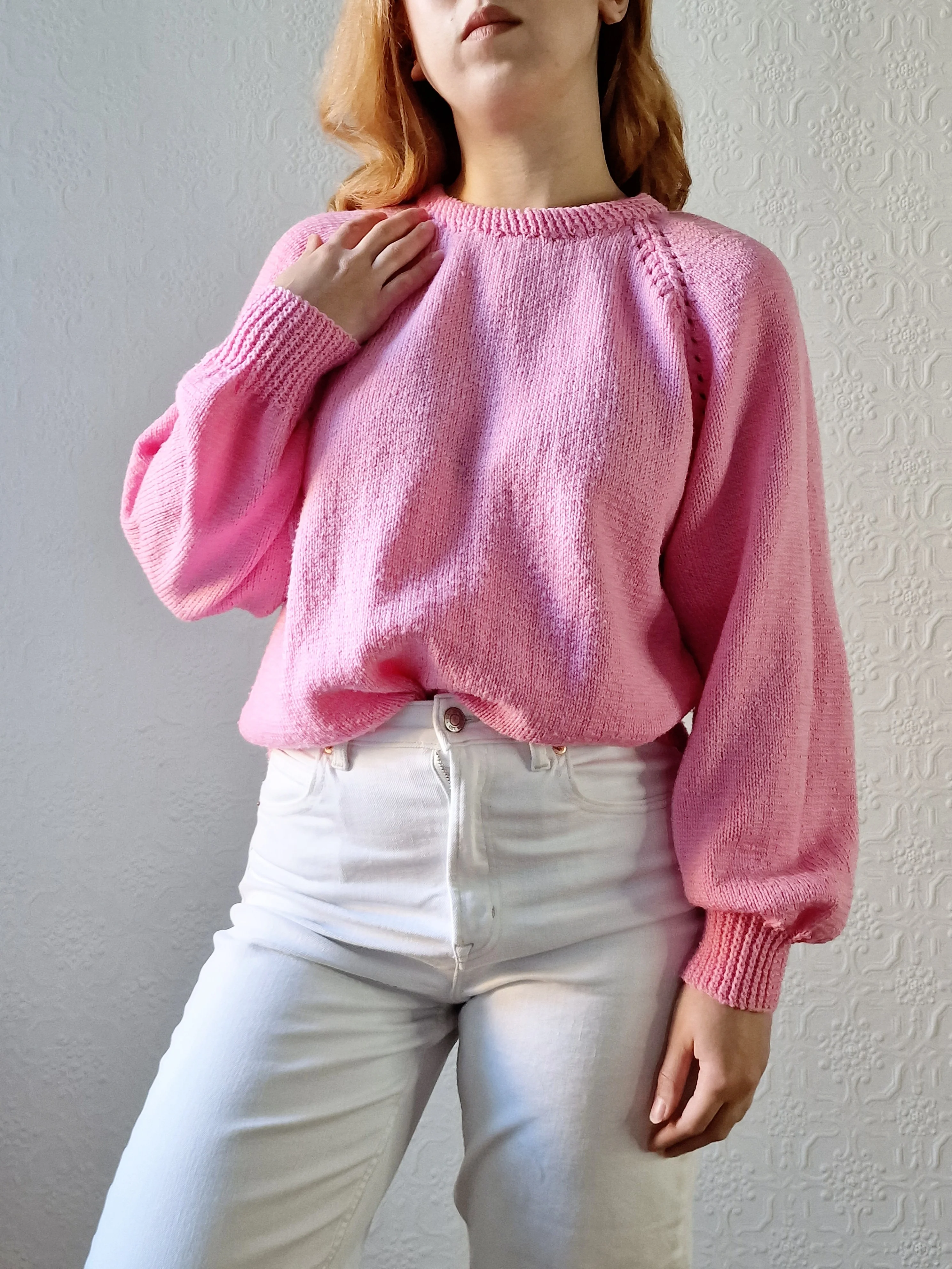 Vintage 80s Handknitted Bubblegum Pink Jumper with Crew Neck - L - Image 10