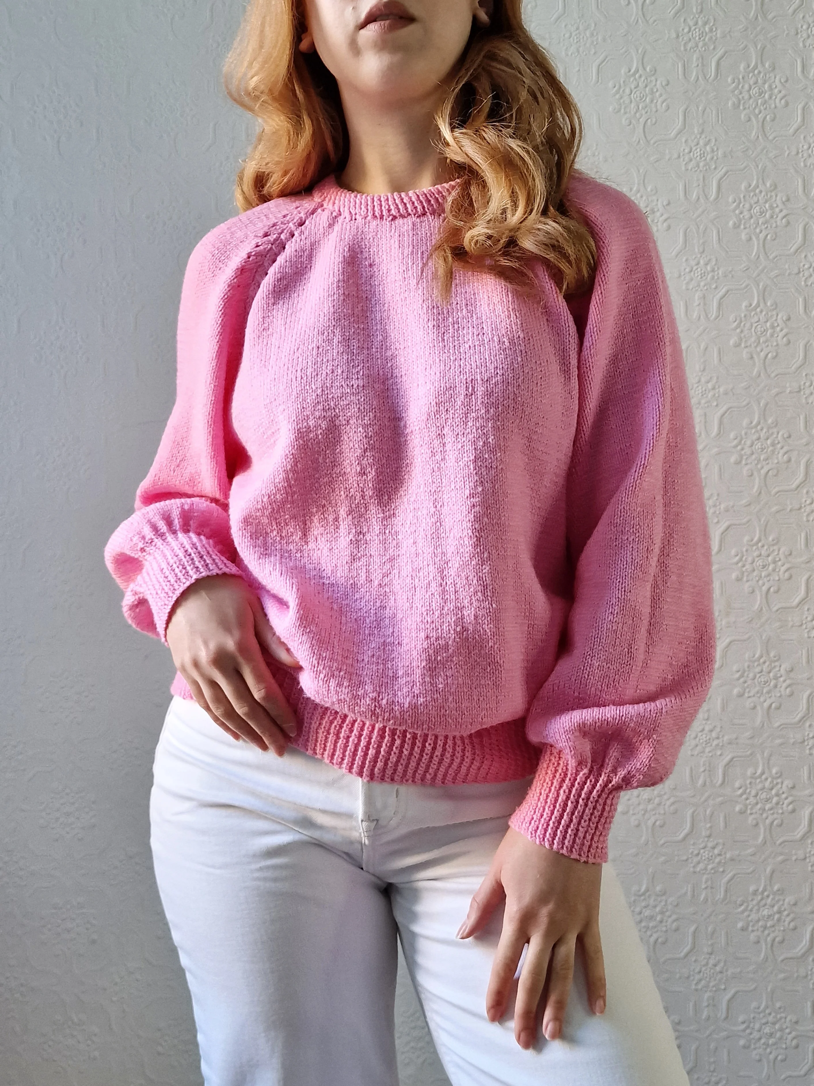 Vintage 80s Handknitted Bubblegum Pink Jumper with Crew Neck - L - Image 2