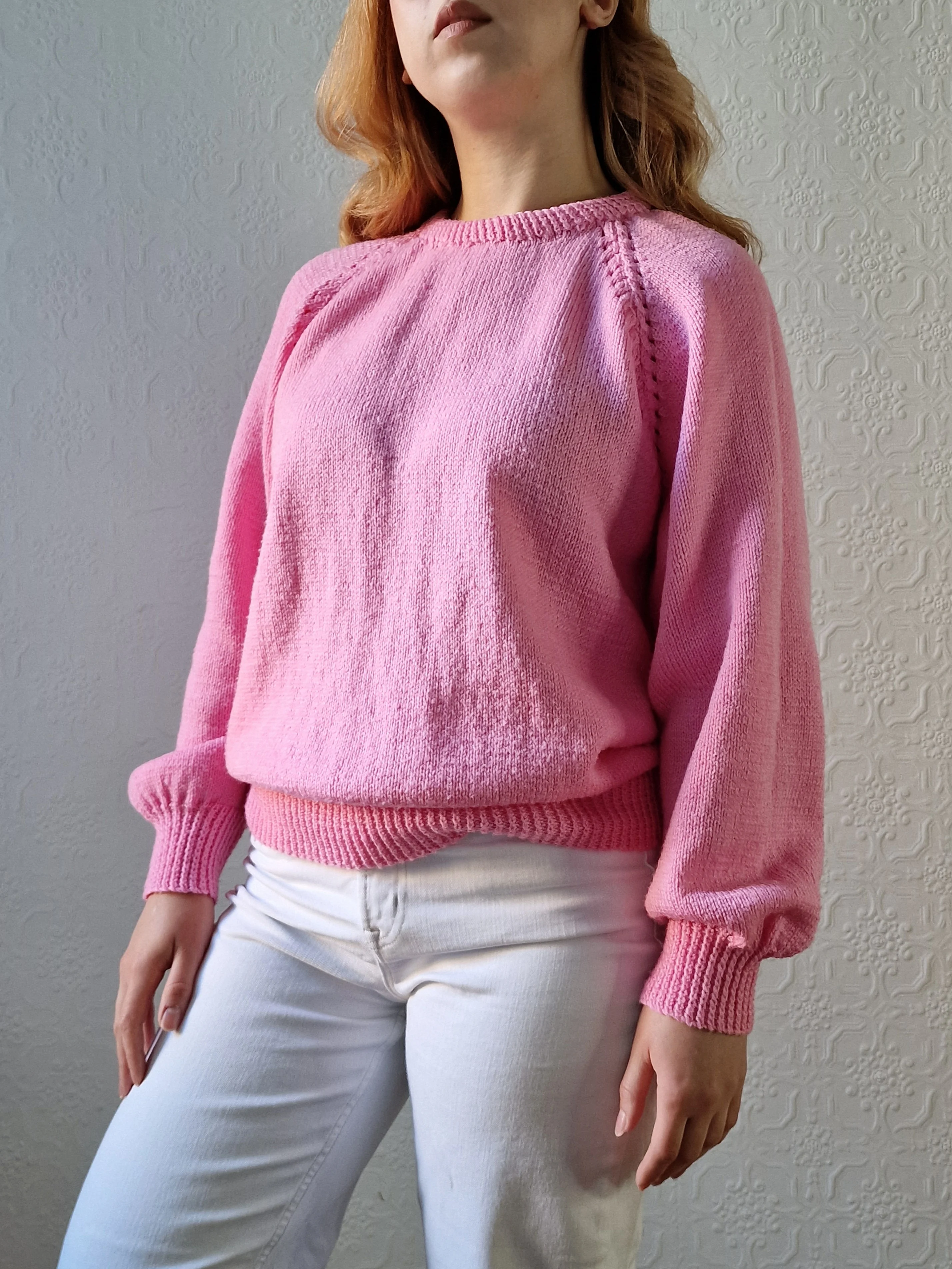 Vintage 80s Handknitted Bubblegum Pink Jumper with Crew Neck - L - Image 4