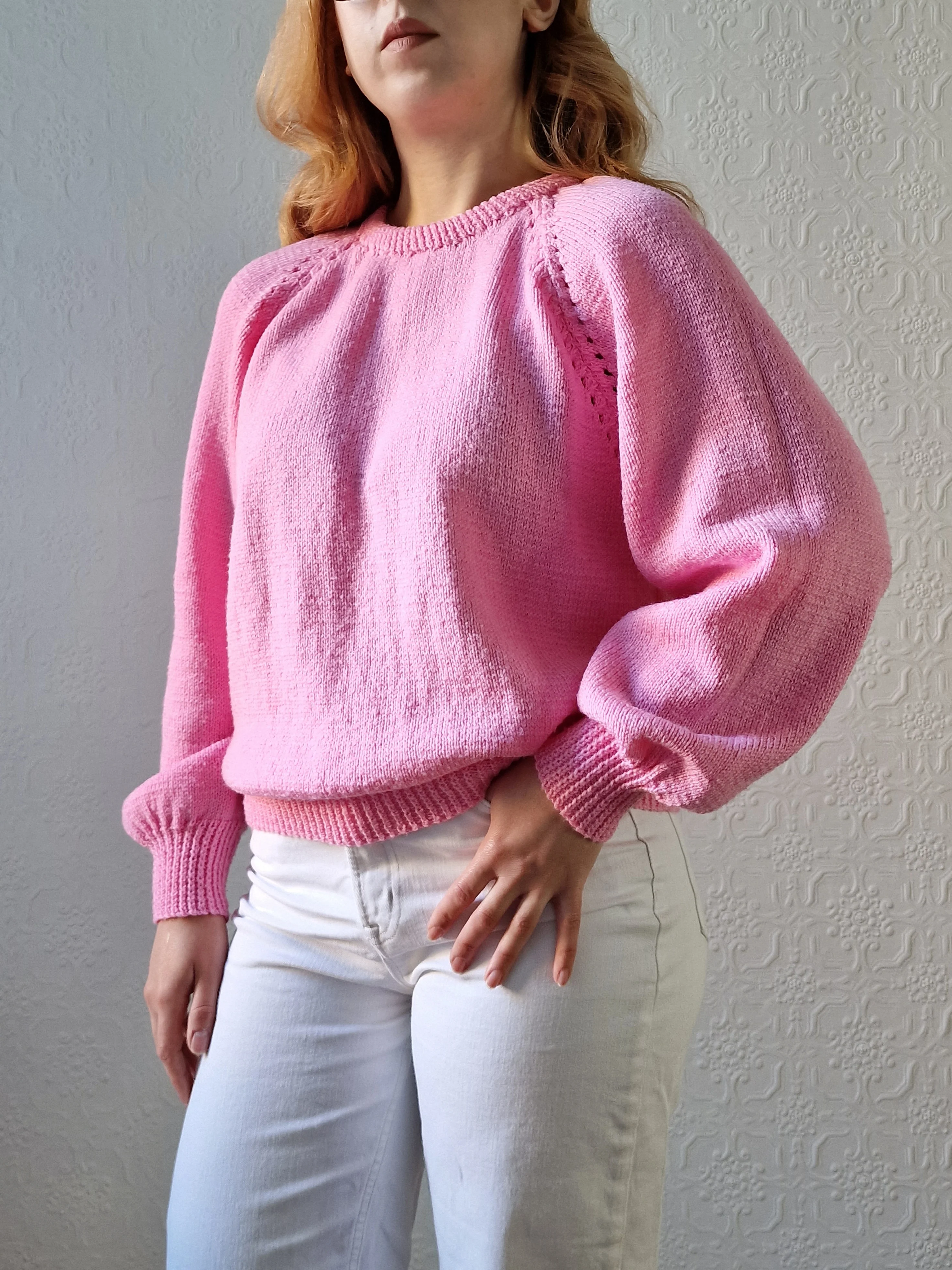 Vintage 80s Handknitted Bubblegum Pink Jumper with Crew Neck - L - Image 5