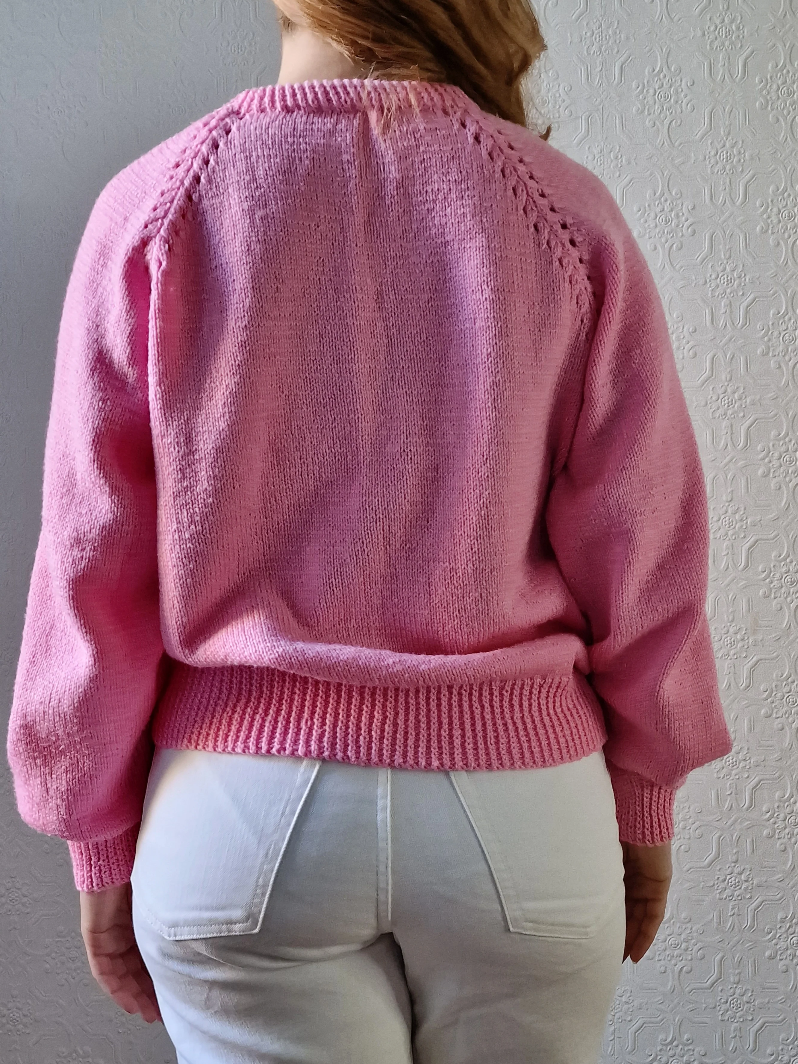 Vintage 80s Handknitted Bubblegum Pink Jumper with Crew Neck - L - Image 6