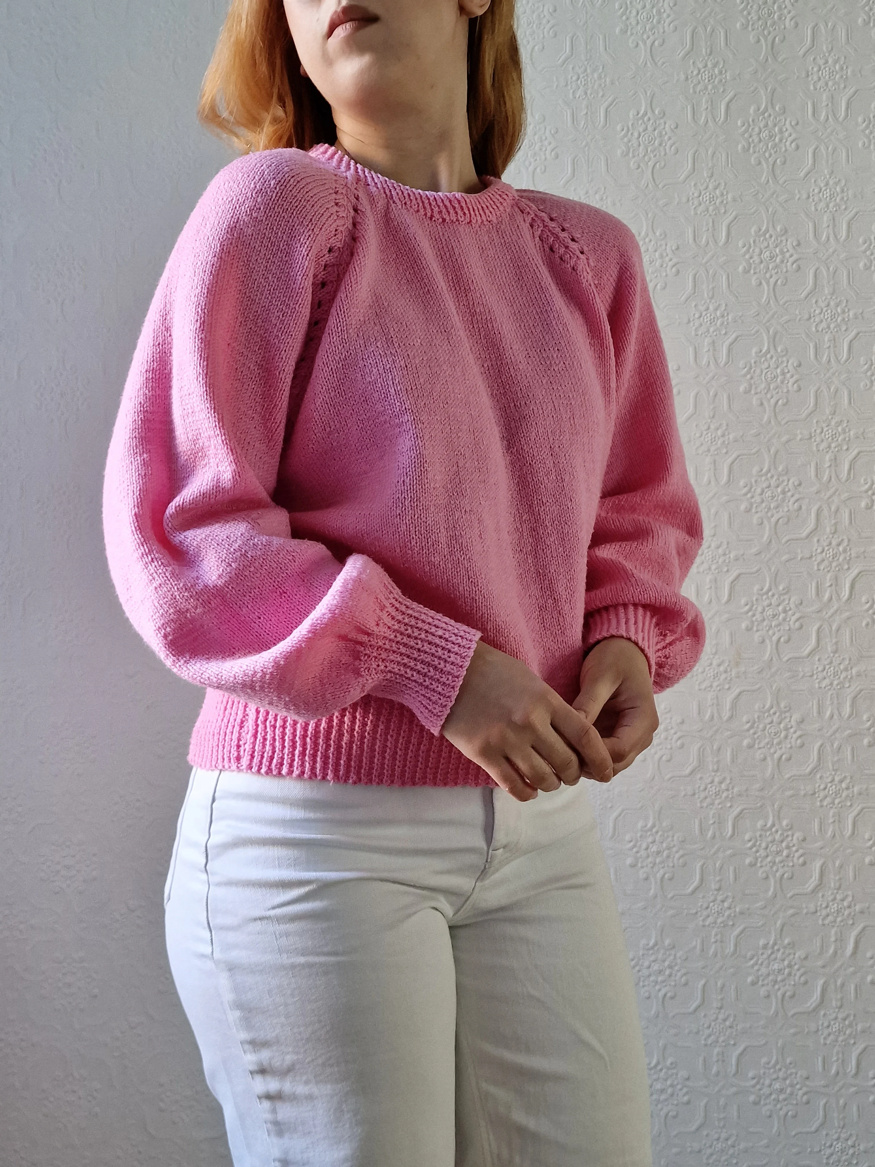 Vintage 80s Handknitted Bubblegum Pink Jumper with Crew Neck - L - Image 7