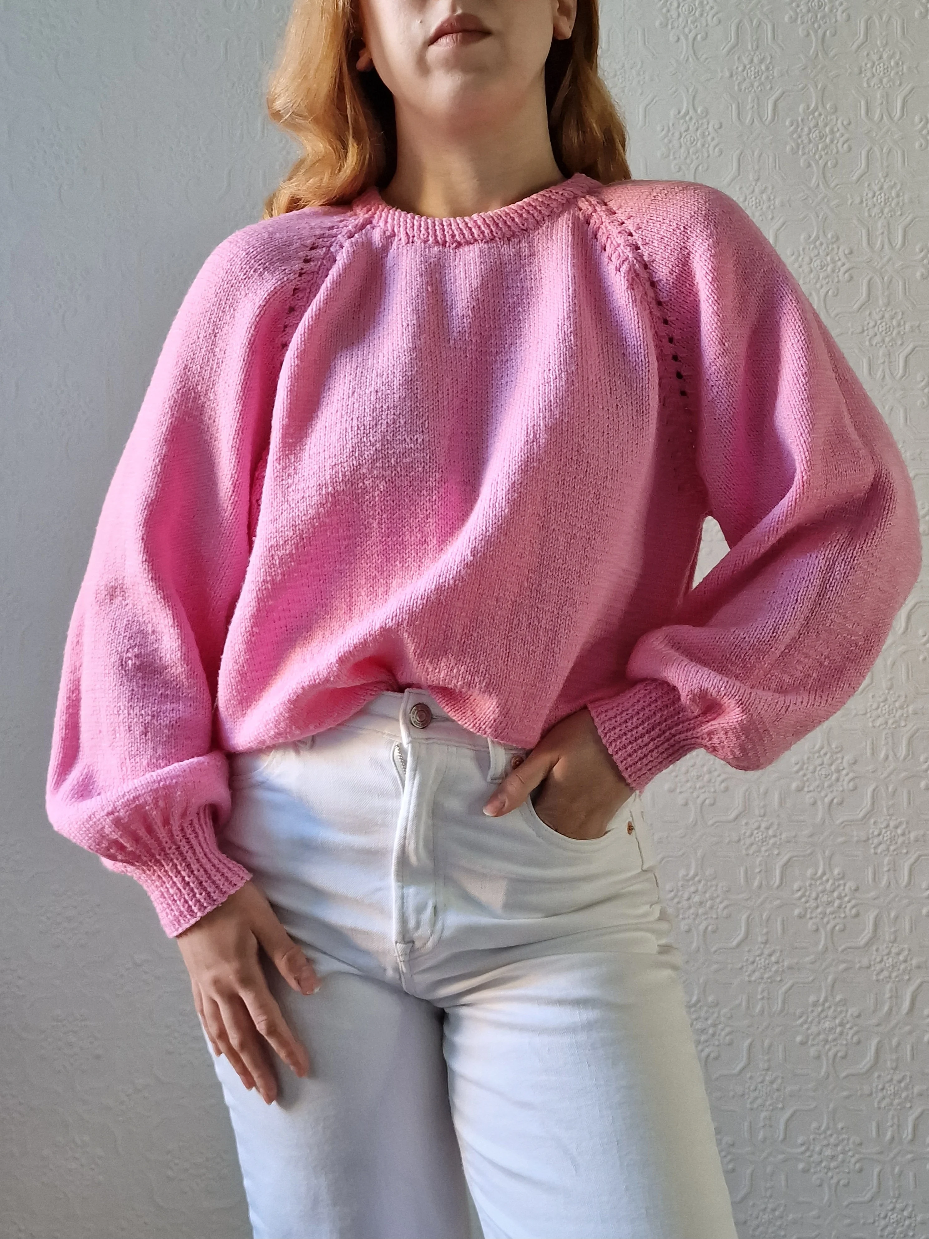Vintage 80s Handknitted Bubblegum Pink Jumper with Crew Neck - L - Image 9