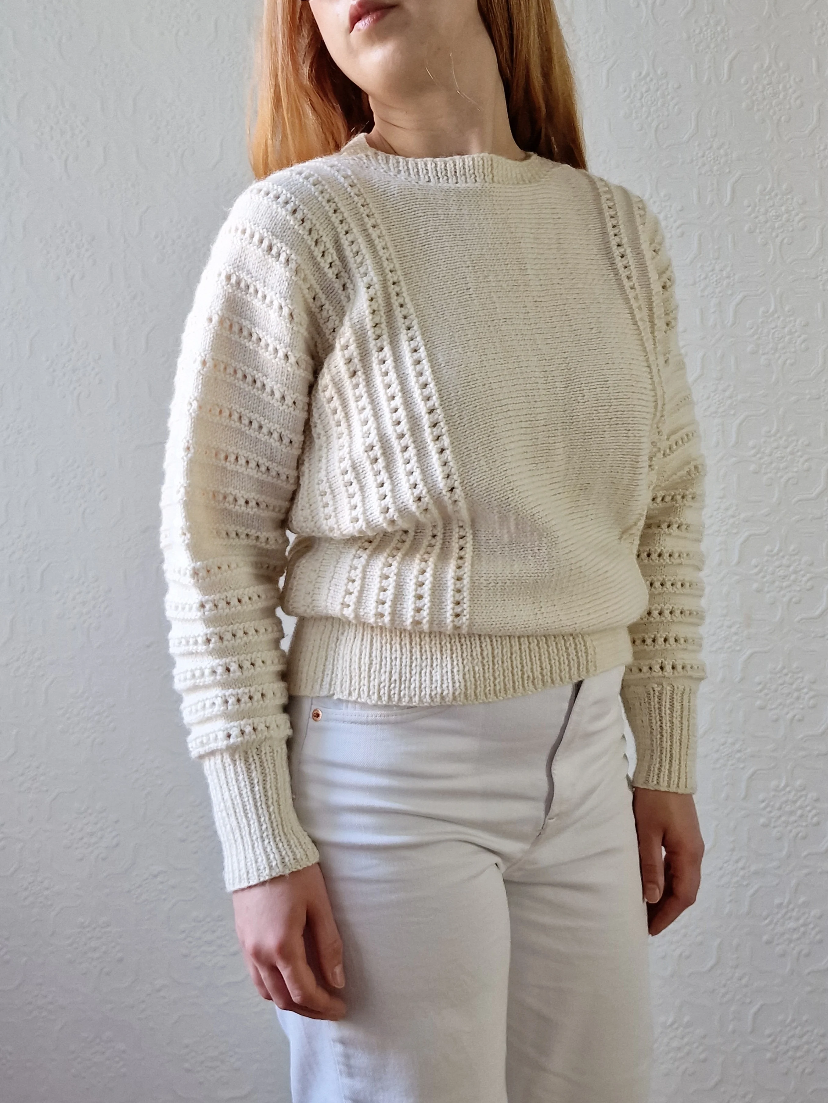 Vintage 80s Handknitted Cream Batwing Jumper with Crew Neck - S/M - Image 2