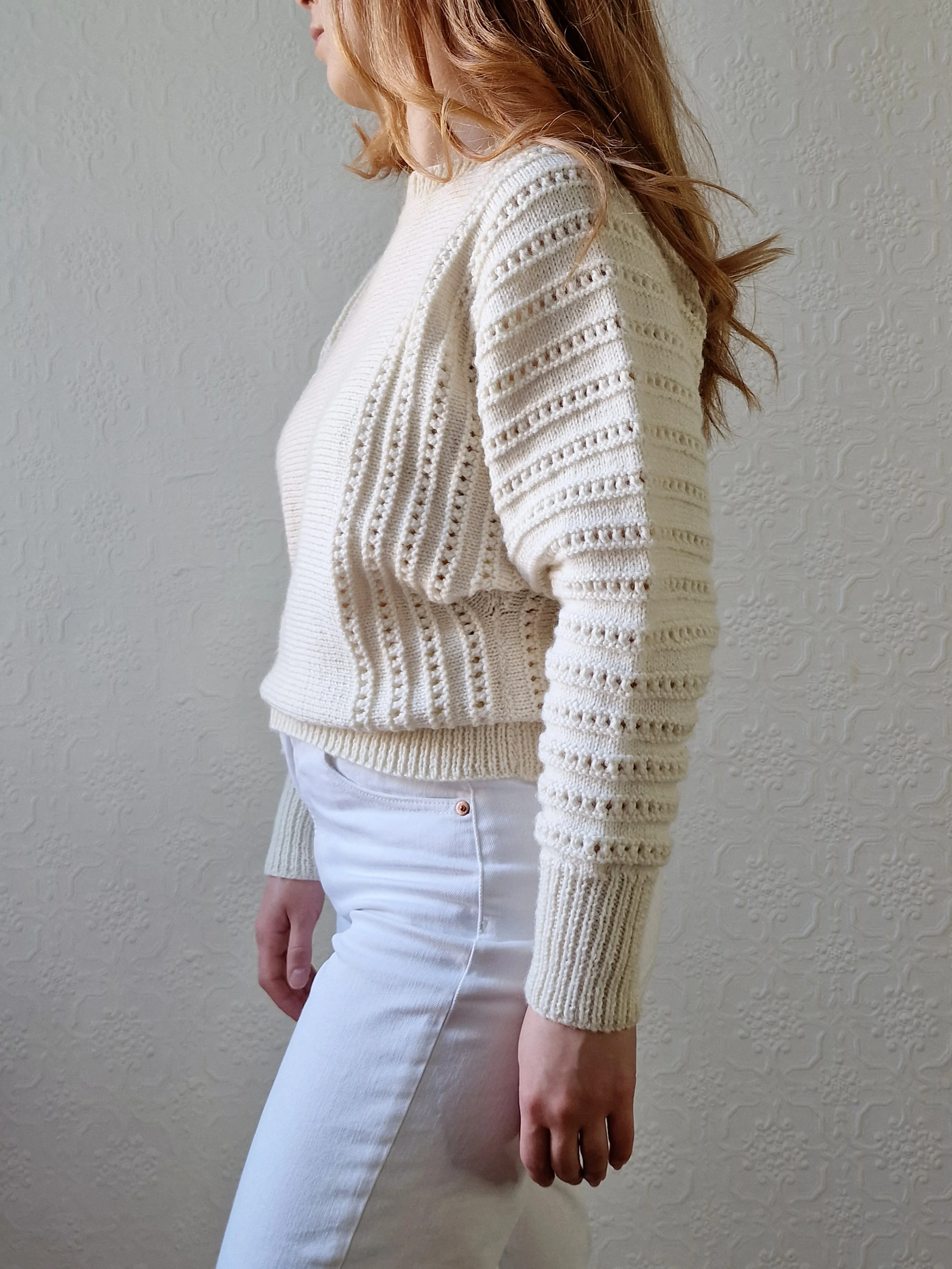 Vintage 80s Handknitted Cream Batwing Jumper with Crew Neck - S/M - Image 3