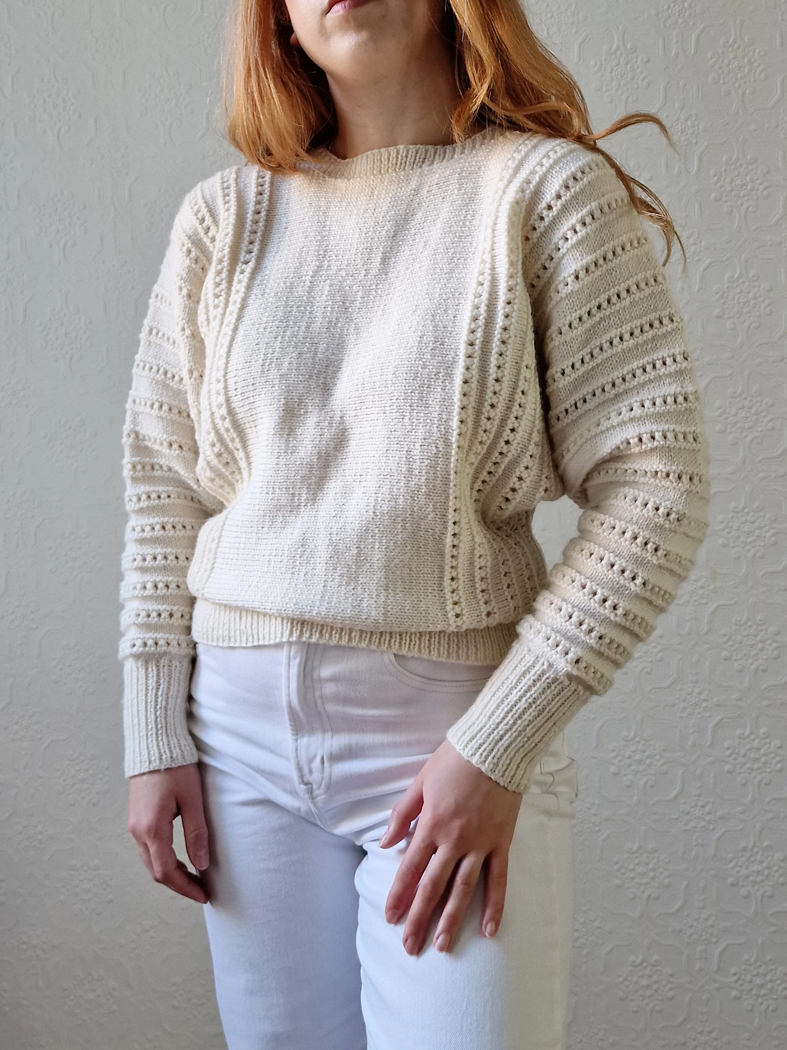 Vintage 80s Handknitted Cream Batwing Jumper with Crew Neck - S/M - Image 4