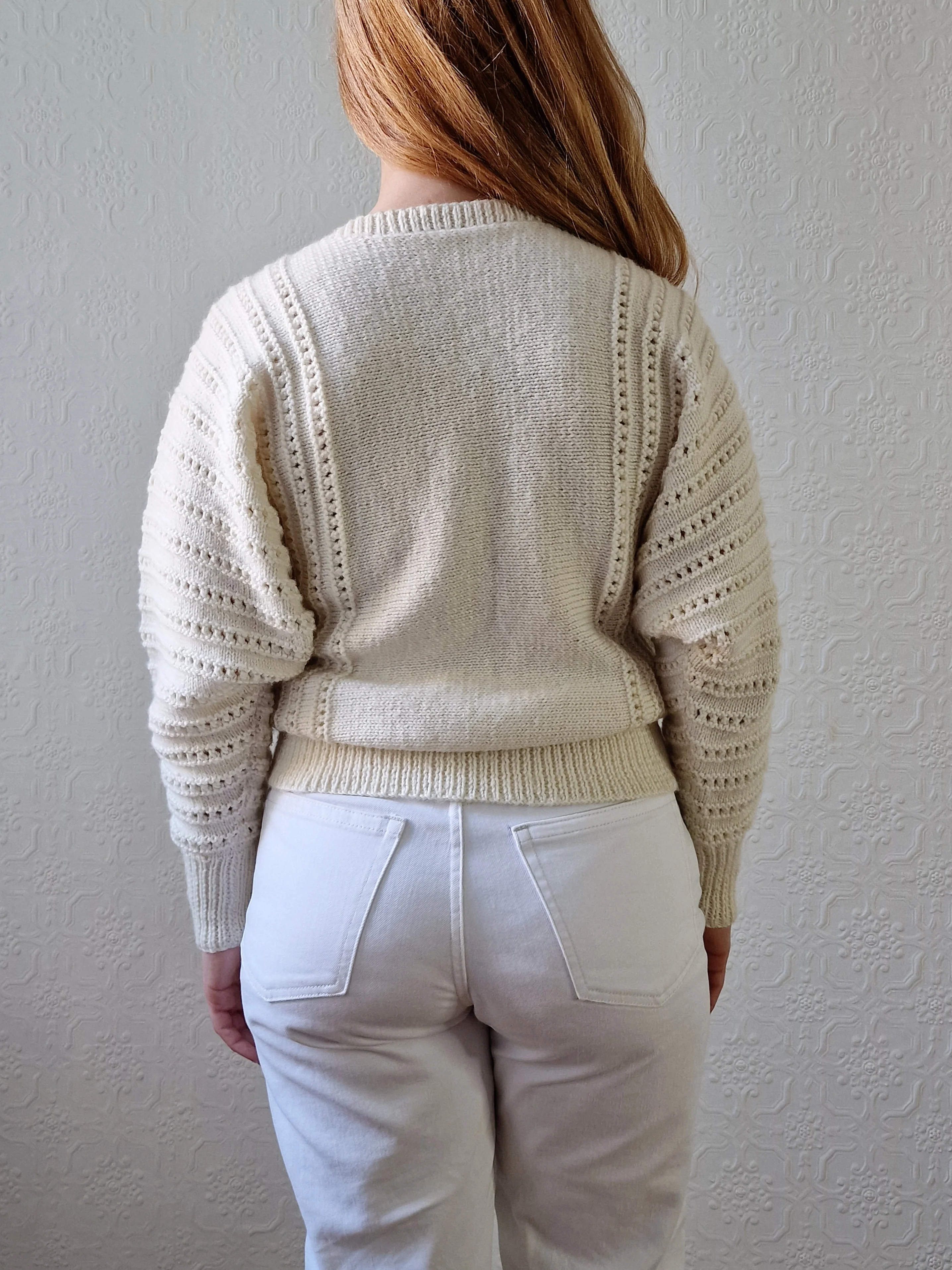 Vintage 80s Handknitted Cream Batwing Jumper with Crew Neck - S/M - Image 5
