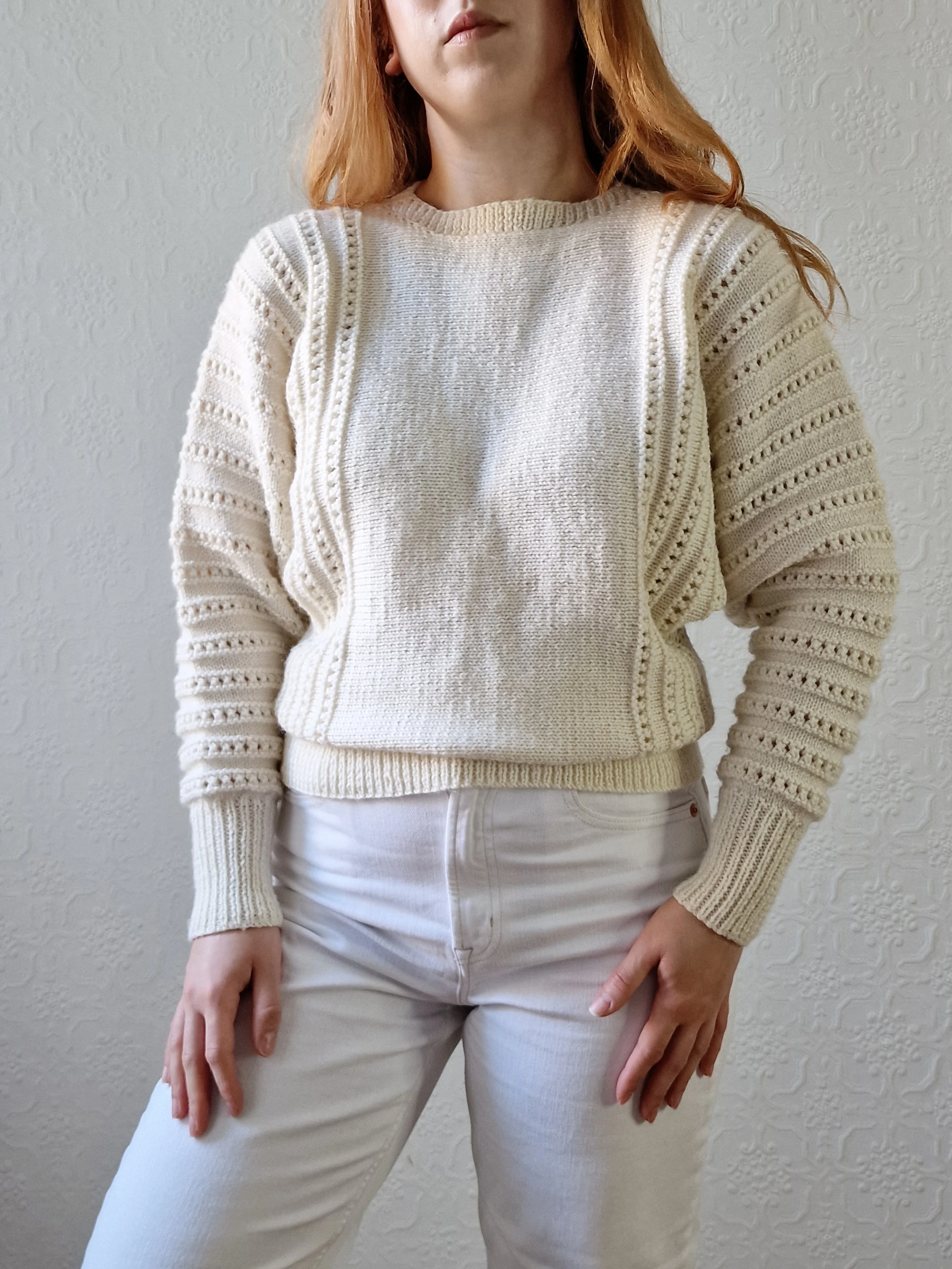 Vintage 80s Handknitted Cream Batwing Jumper with Crew Neck - S/M - Image 6