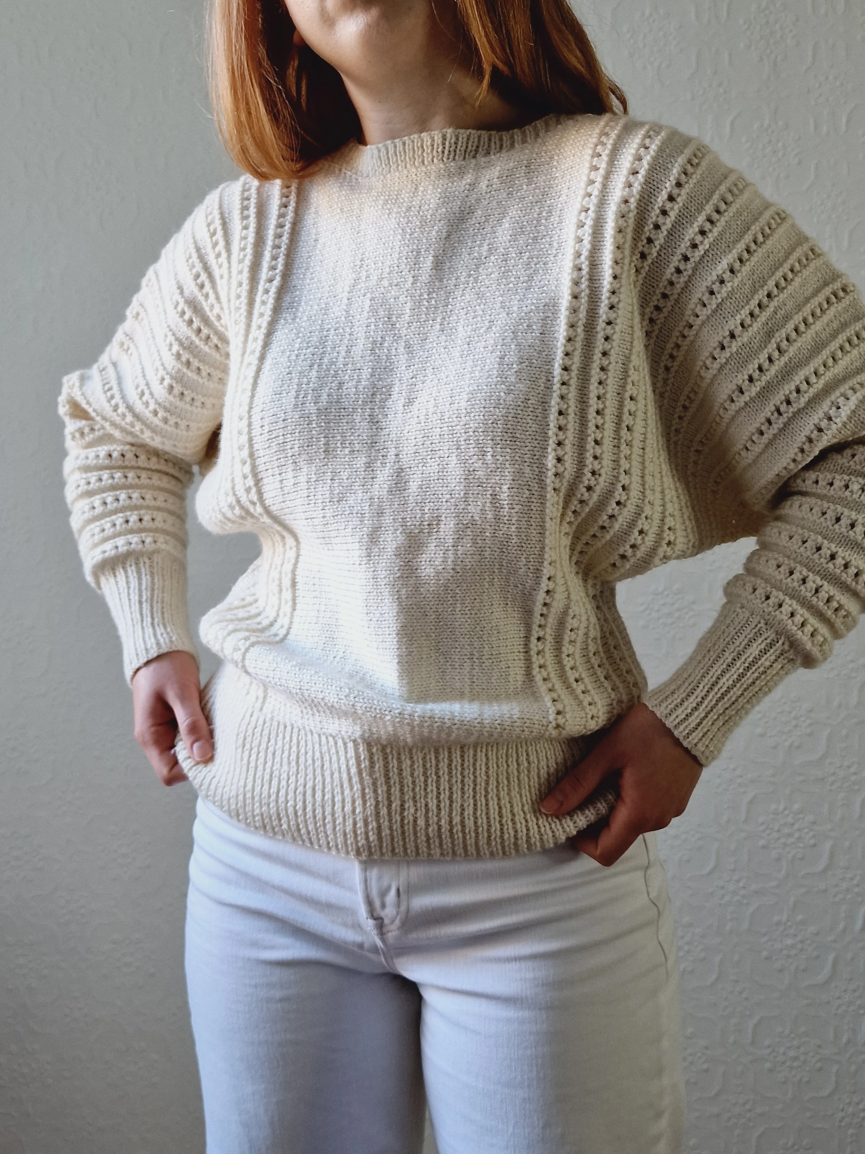 Vintage 80s Handknitted Cream Batwing Jumper with Crew Neck - S/M - Image 7