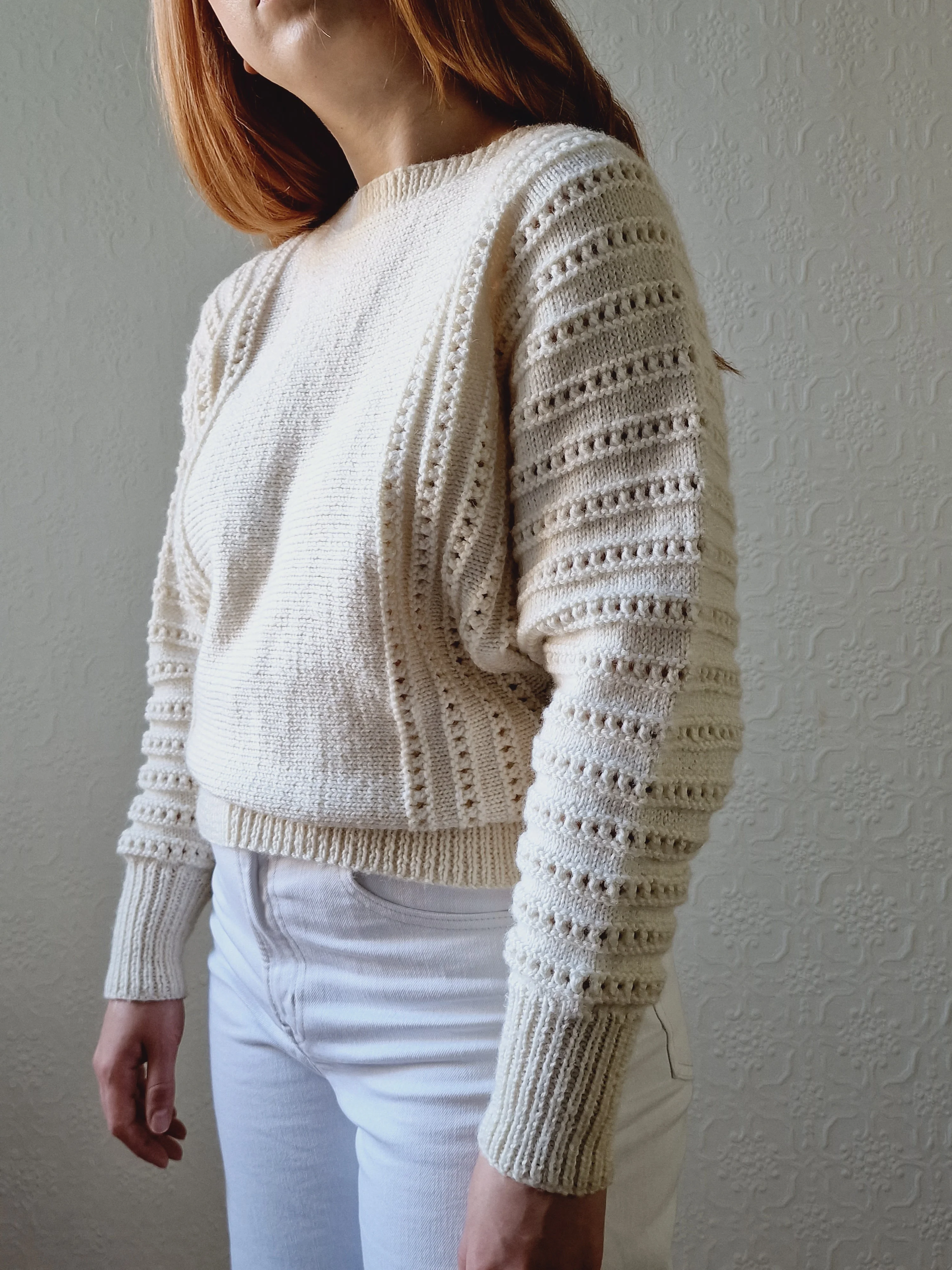 Vintage 80s Handknitted Cream Batwing Jumper with Crew Neck - S/M - Image 8