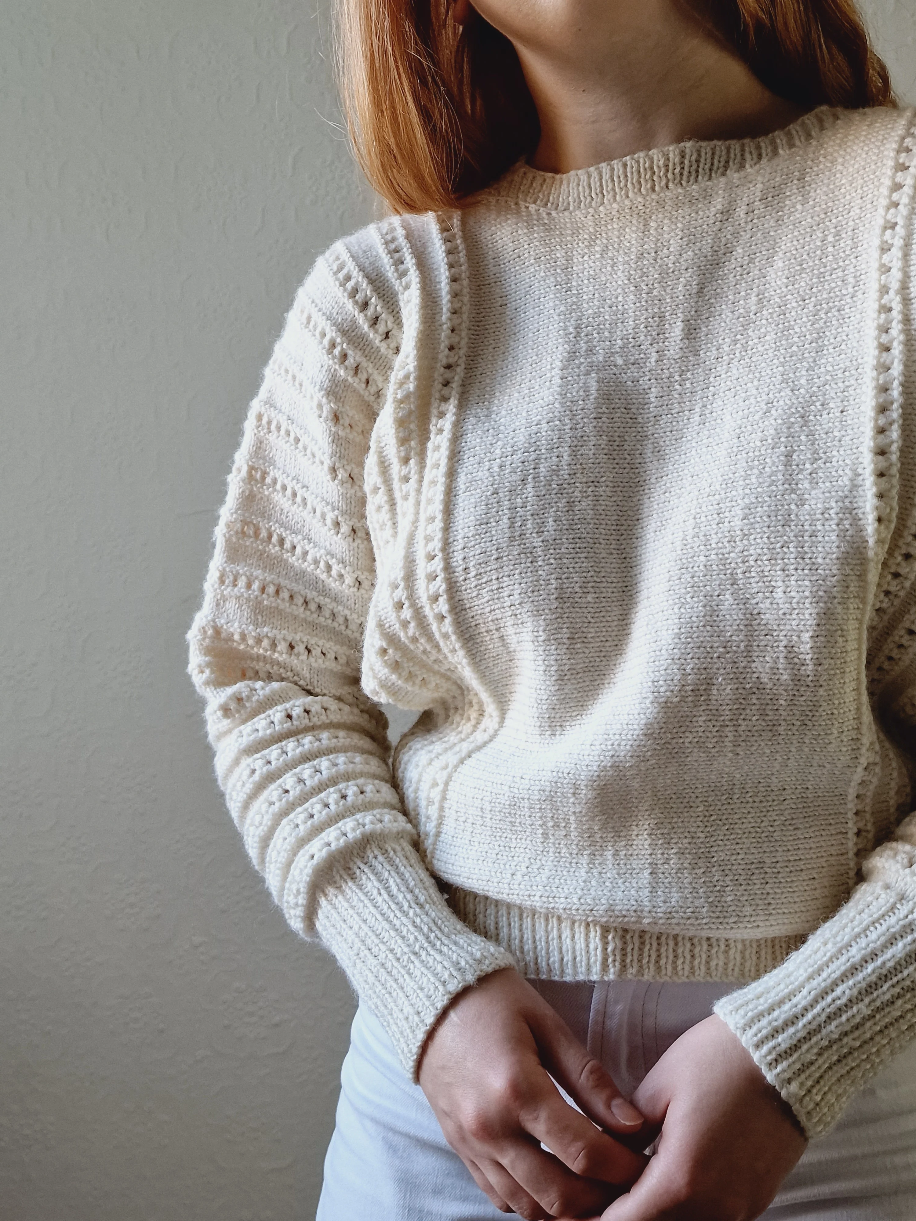 Vintage 80s Handknitted Cream Batwing Jumper with Crew Neck - S/M - Image 9