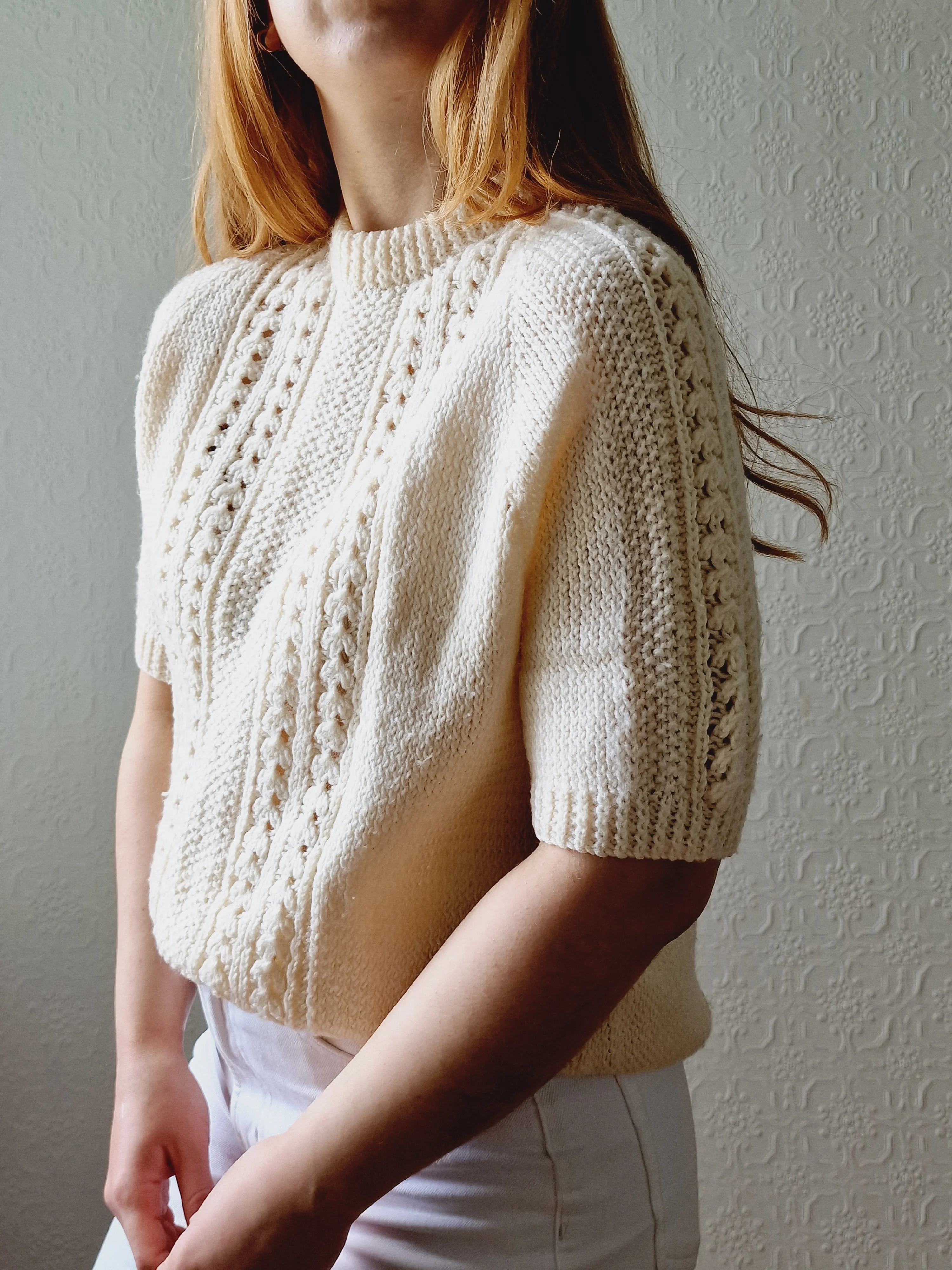 Vintage 80s Handknitted Cream Crew Neck Jumper with Half Sleeves - S - Image 2