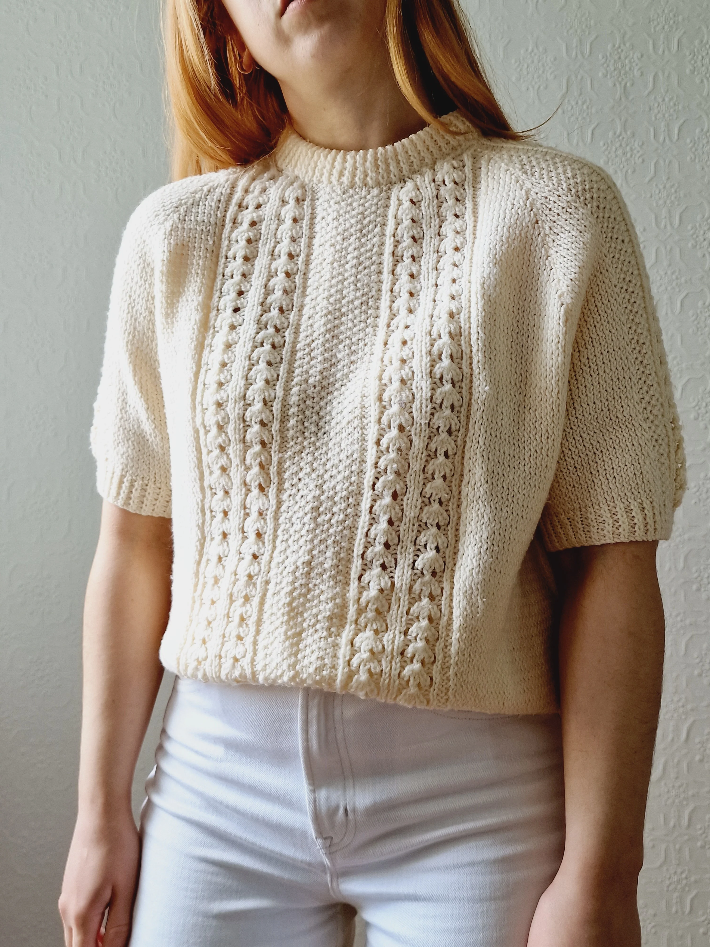 Vintage 80s Handknitted Cream Crew Neck Jumper with Half Sleeves - S - Image 3