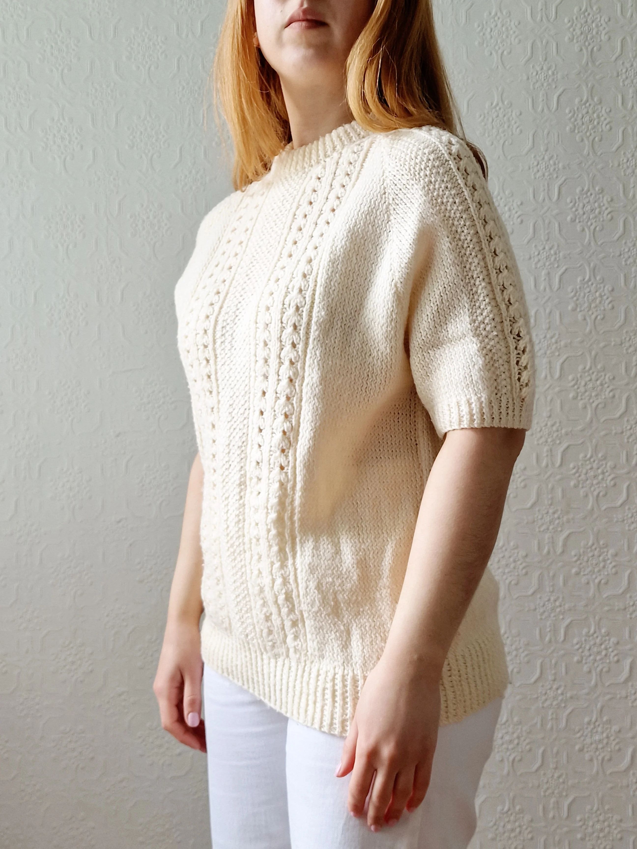 Vintage 80s Handknitted Cream Crew Neck Jumper with Half Sleeves - S - Image 4