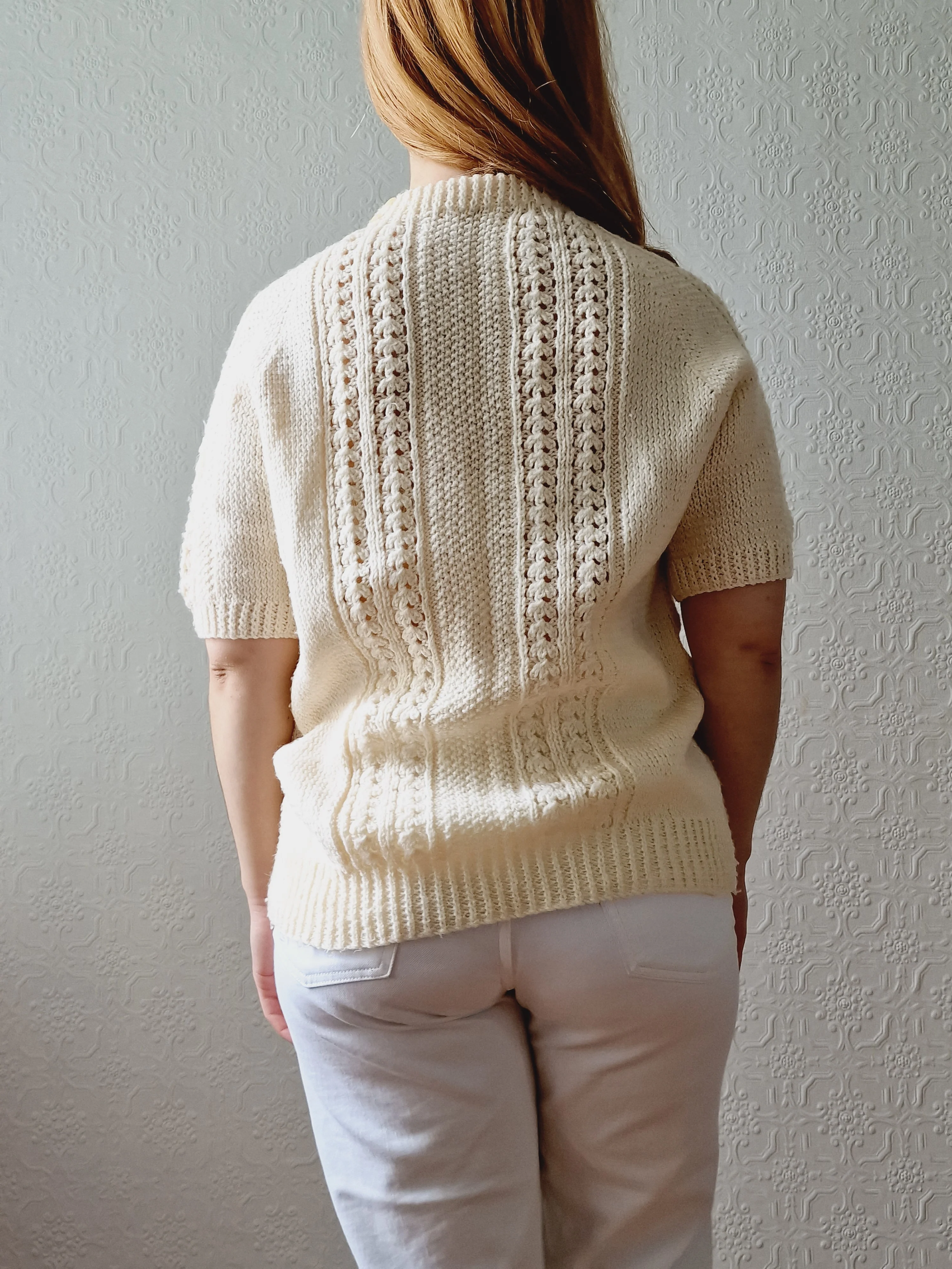 Vintage 80s Handknitted Cream Crew Neck Jumper with Half Sleeves - S - Image 5