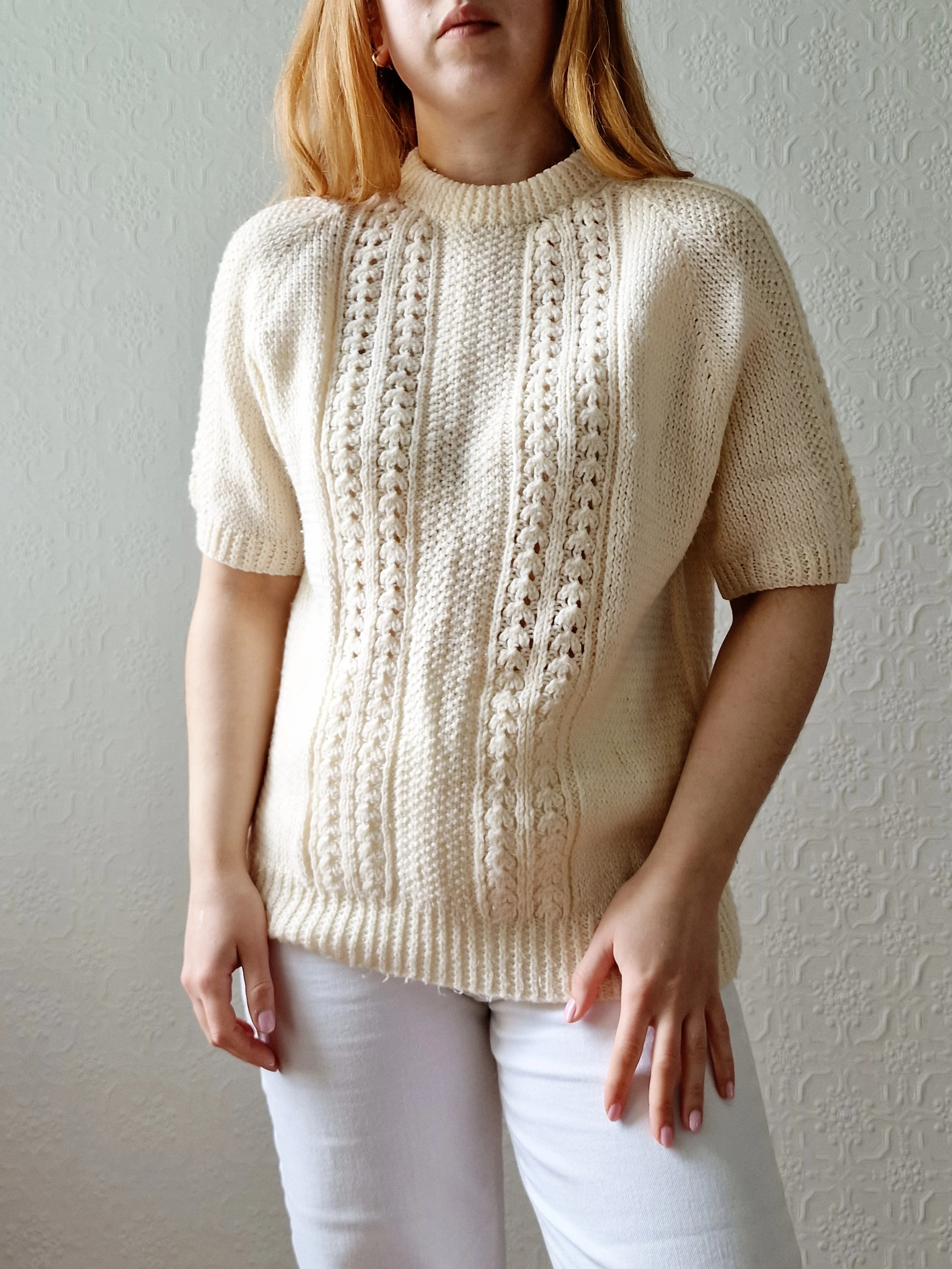 Vintage 80s Handknitted Cream Crew Neck Jumper with Half Sleeves - S - Image 6