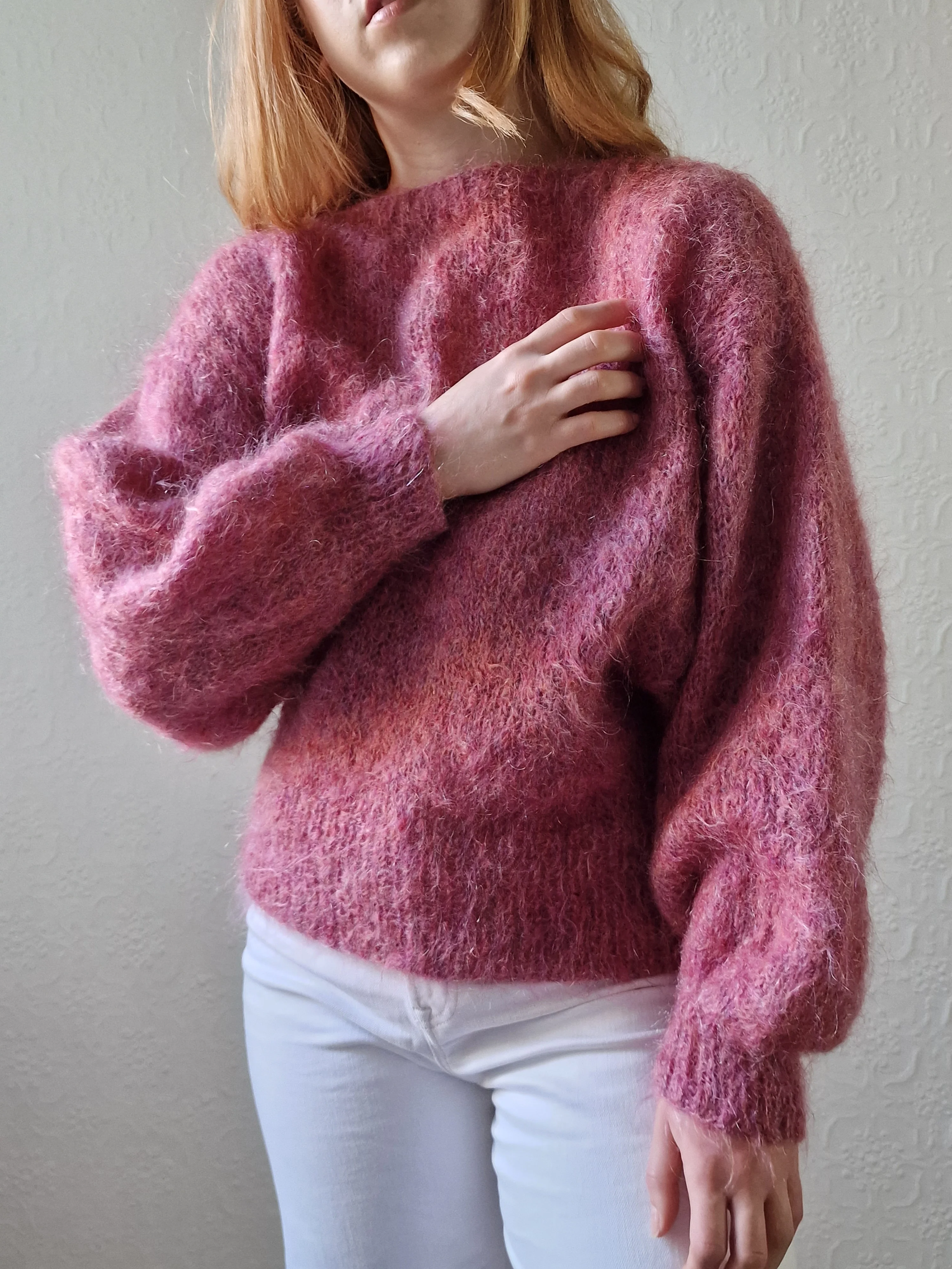 Vintage 80s Handknitted Dark Pink Mohair Jumper with Batwing Sleeves - M/L - Image 10
