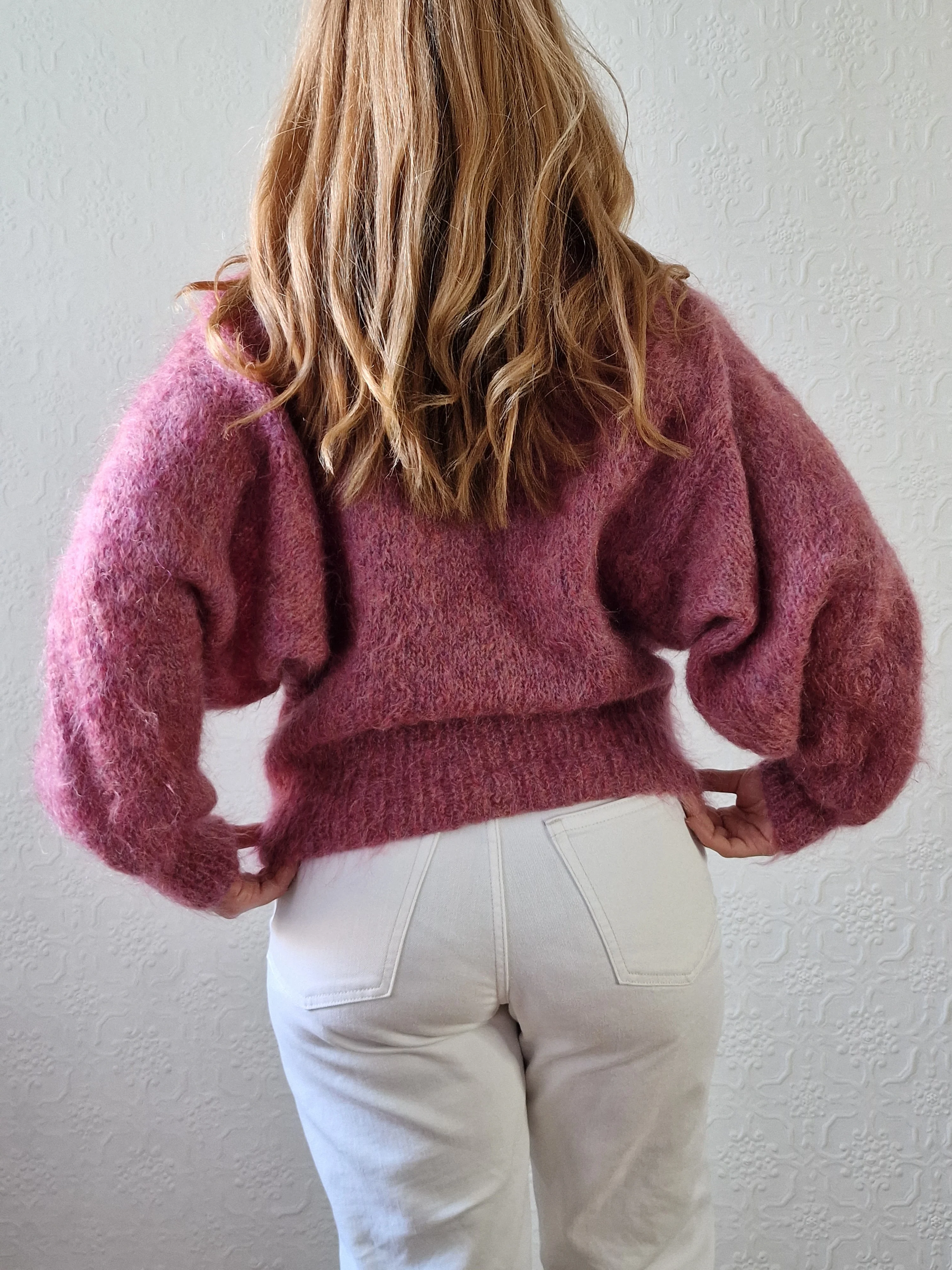 Vintage 80s Handknitted Dark Pink Mohair Jumper with Batwing Sleeves - M/L - Image 11