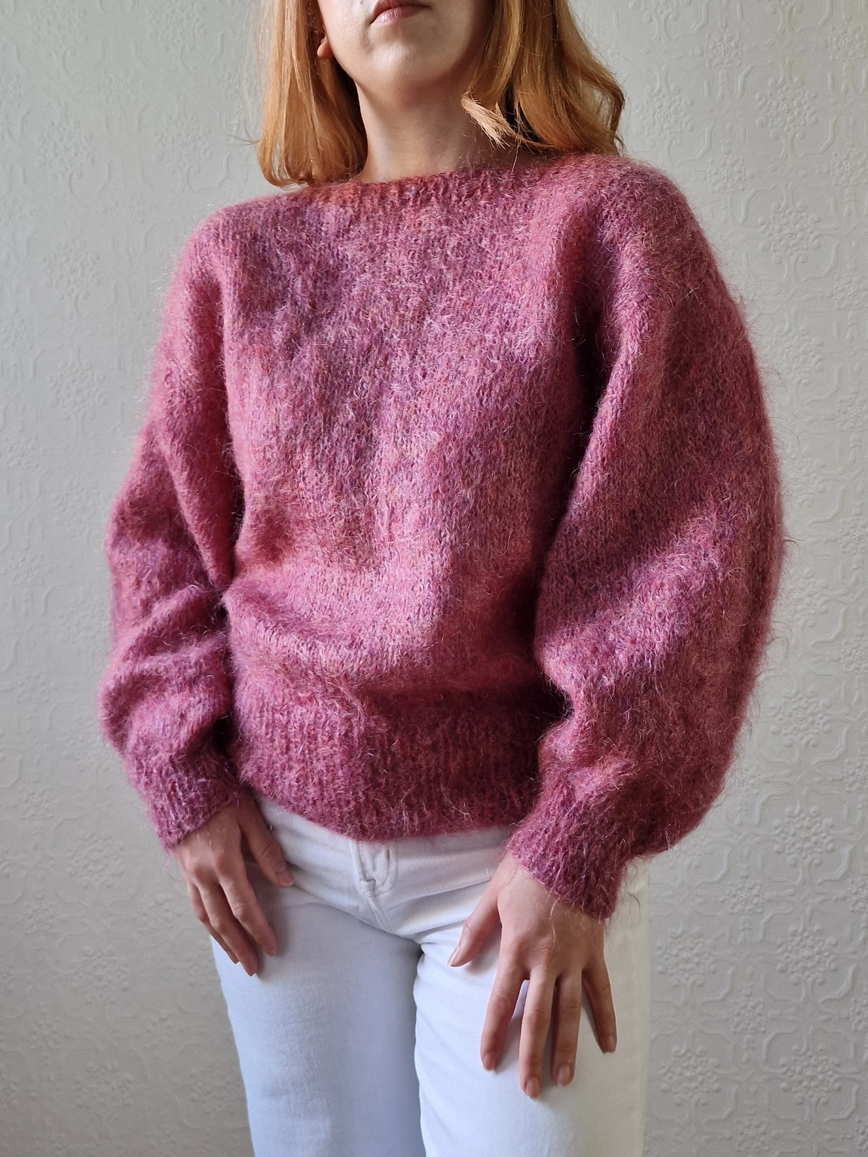 Vintage 80s Handknitted Dark Pink Mohair Jumper with Batwing Sleeves - M/L - Image 2