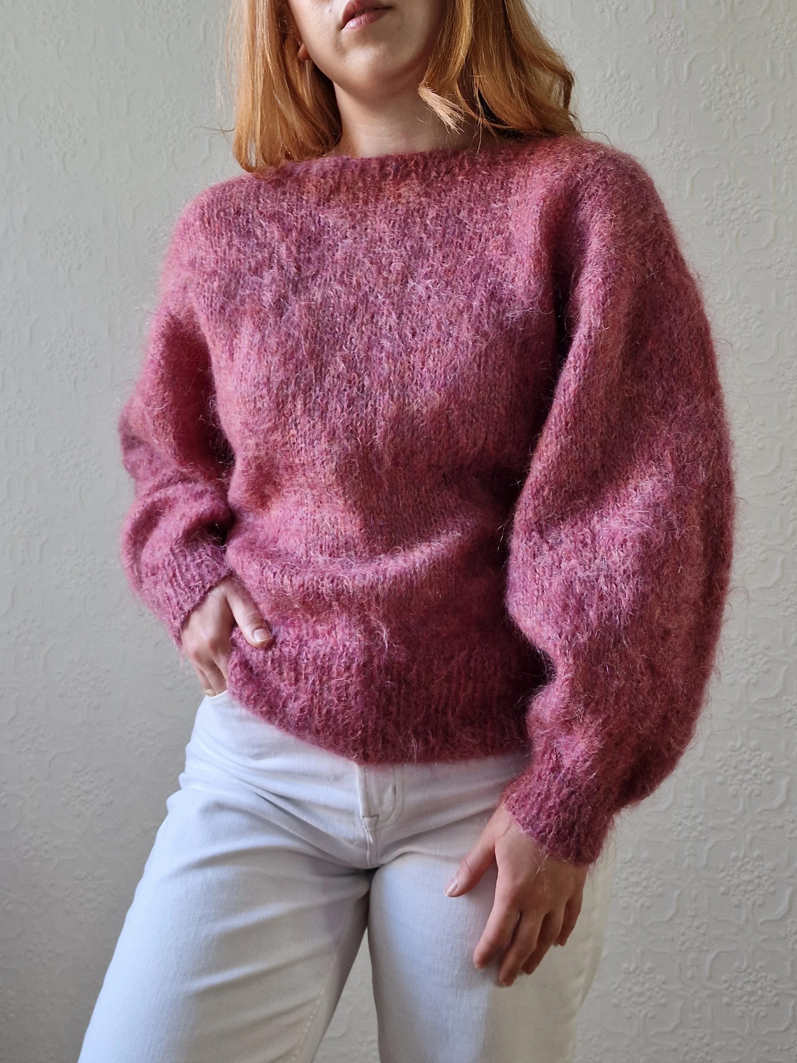 Vintage 80s Handknitted Dark Pink Mohair Jumper with Batwing Sleeves - M/L - Image 3