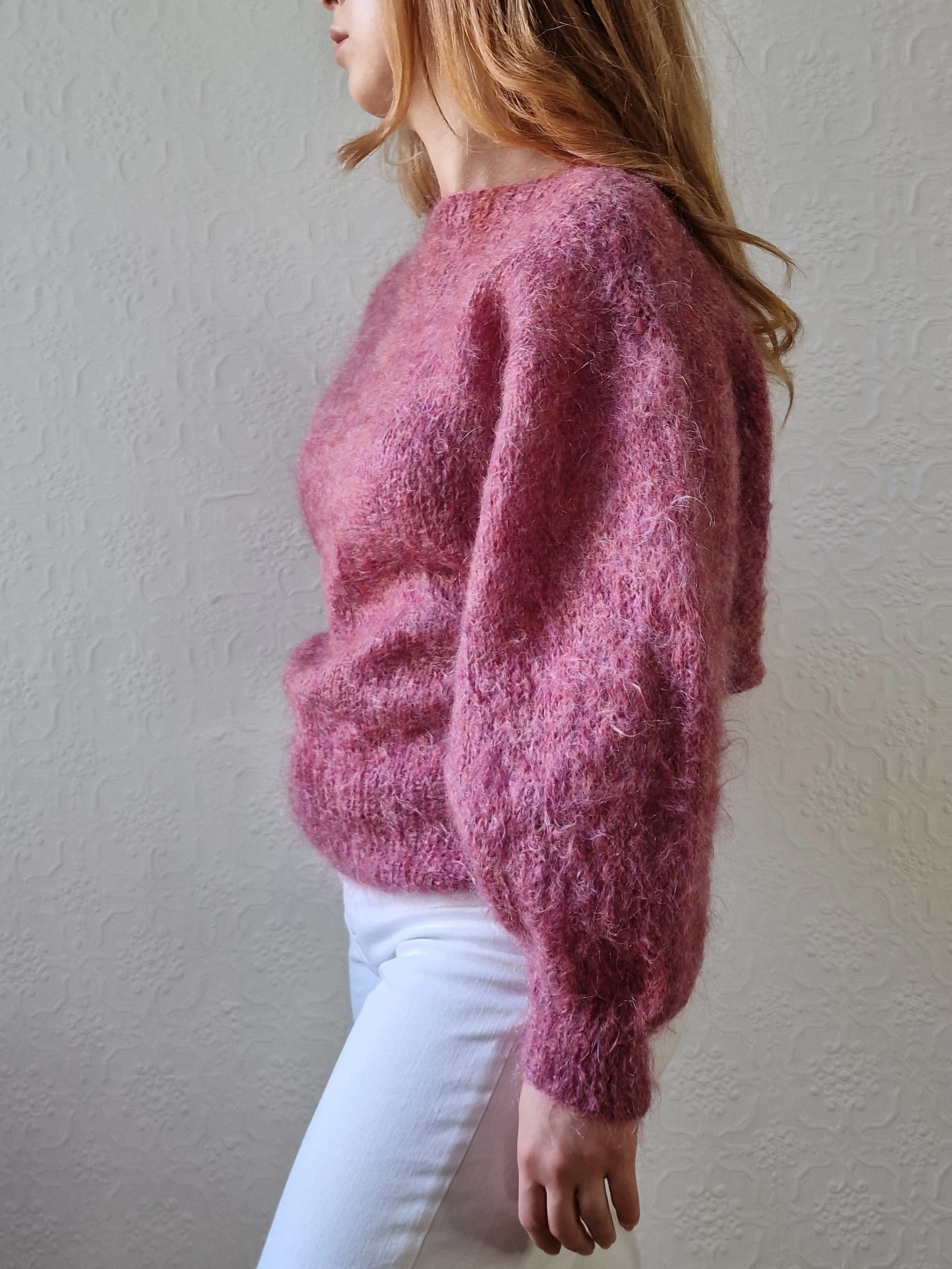 Vintage 80s Handknitted Dark Pink Mohair Jumper with Batwing Sleeves - M/L - Image 4