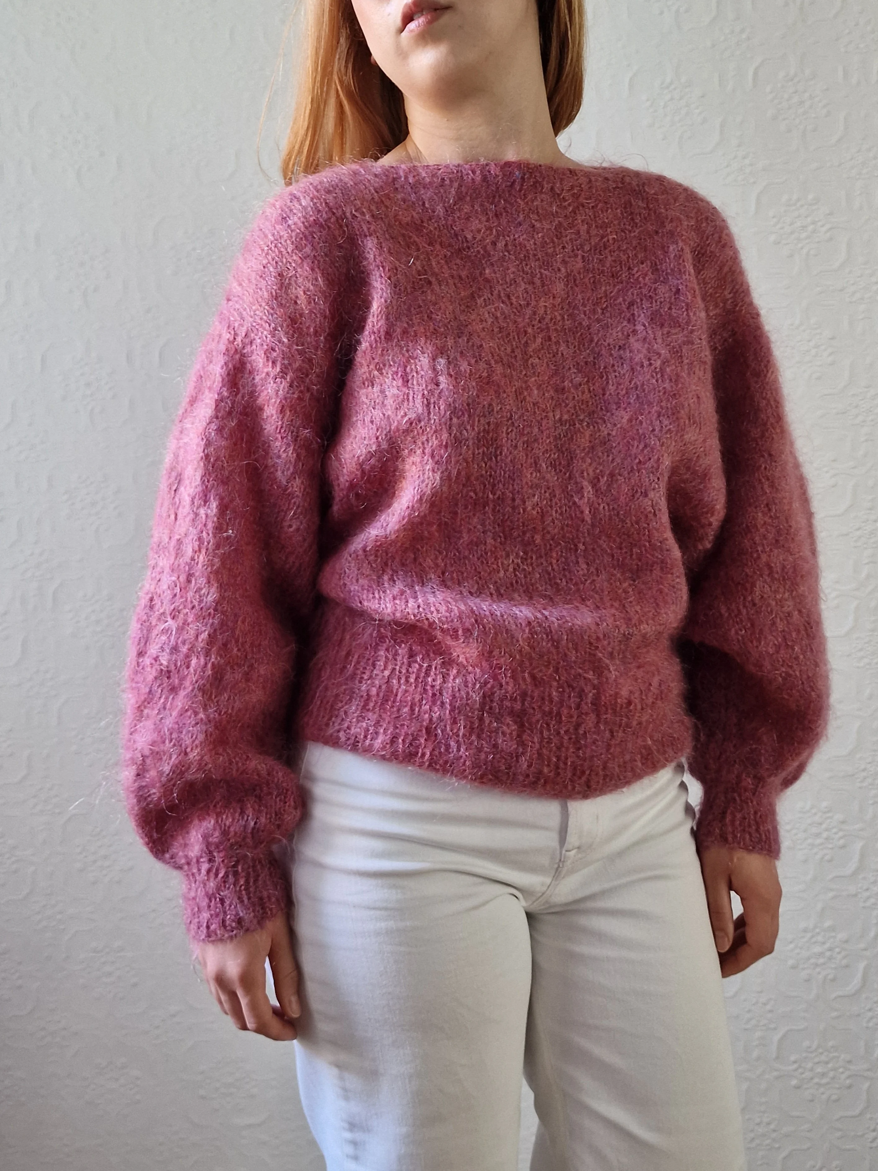 Vintage 80s Handknitted Dark Pink Mohair Jumper with Batwing Sleeves - M/L - Image 5