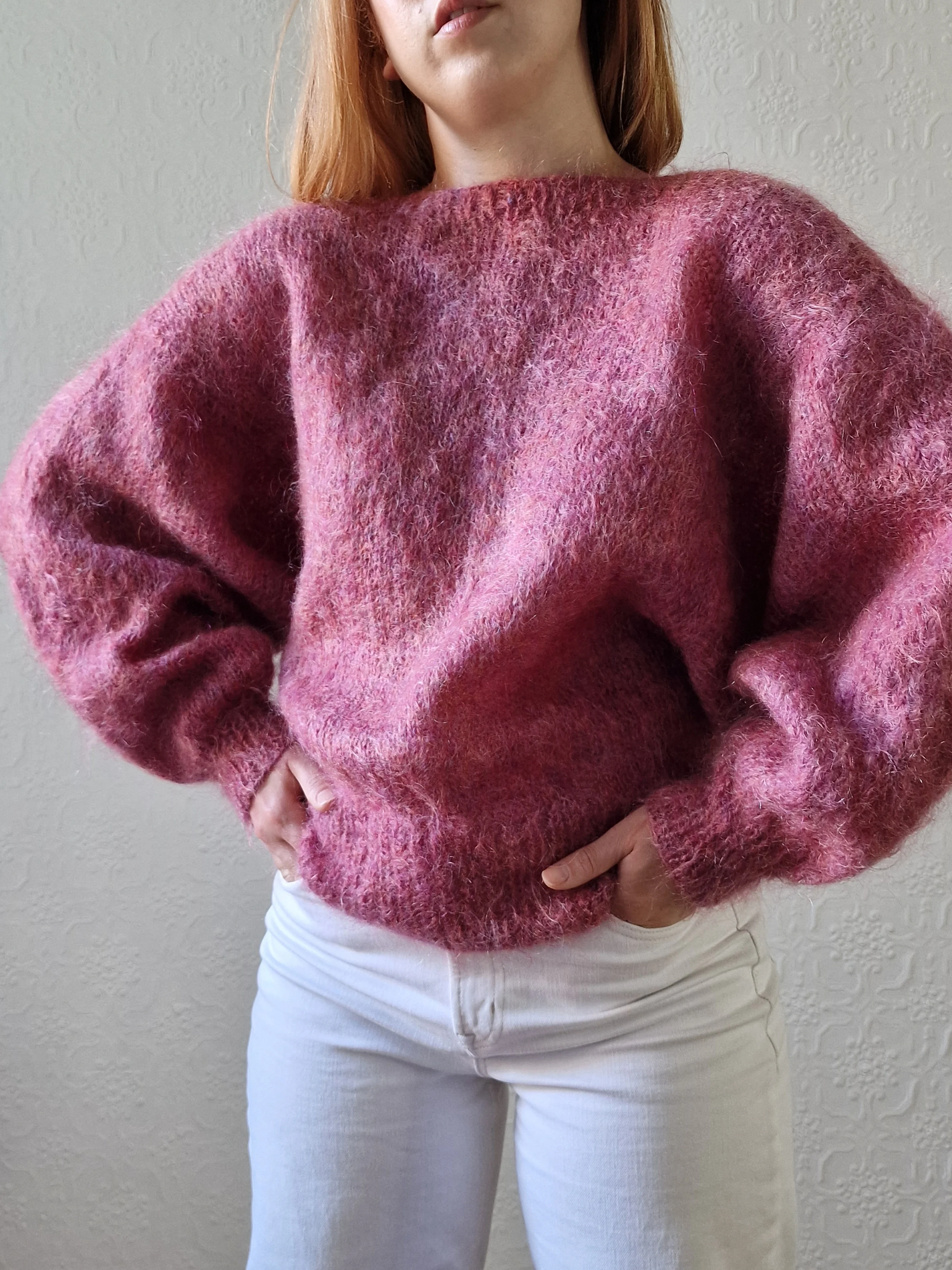 Vintage 80s Handknitted Dark Pink Mohair Jumper with Batwing Sleeves - M/L - Image 6