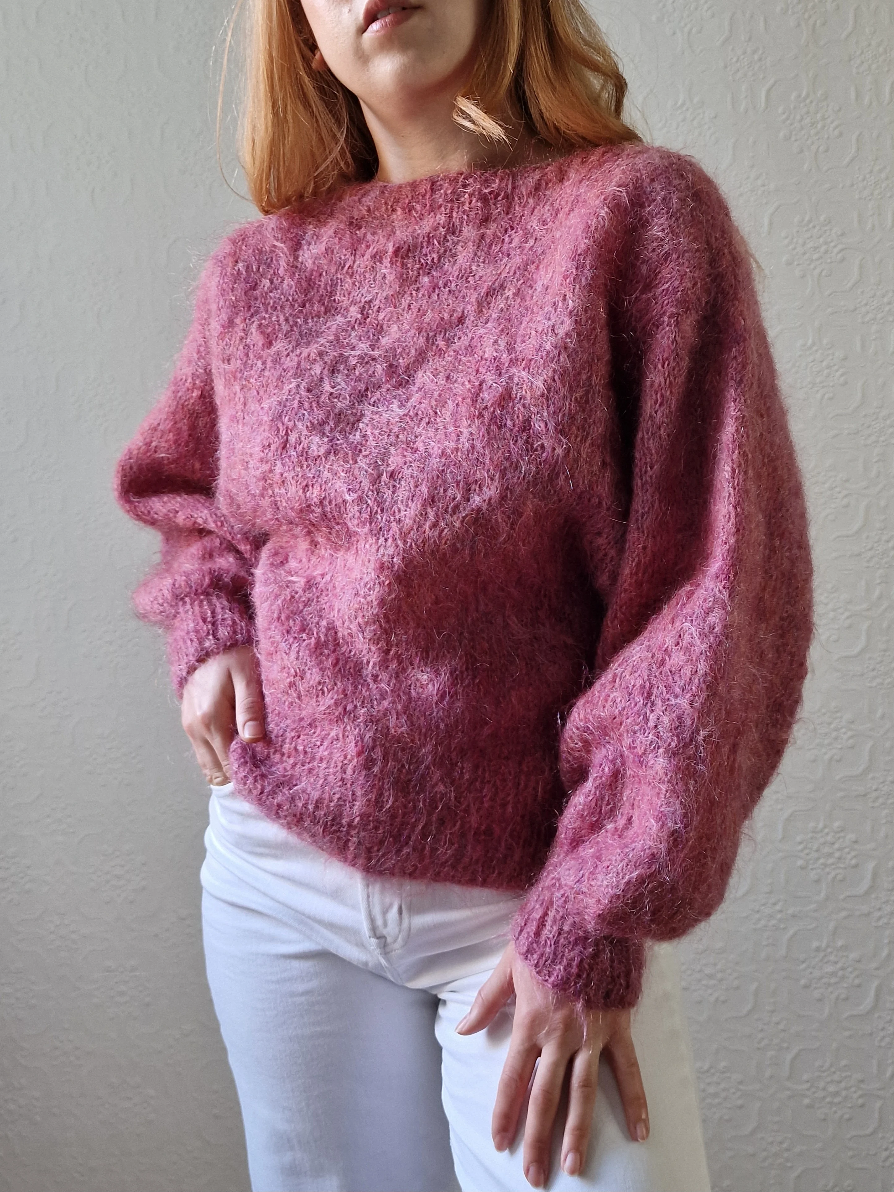 Vintage 80s Handknitted Dark Pink Mohair Jumper with Batwing Sleeves - M/L - Image 7