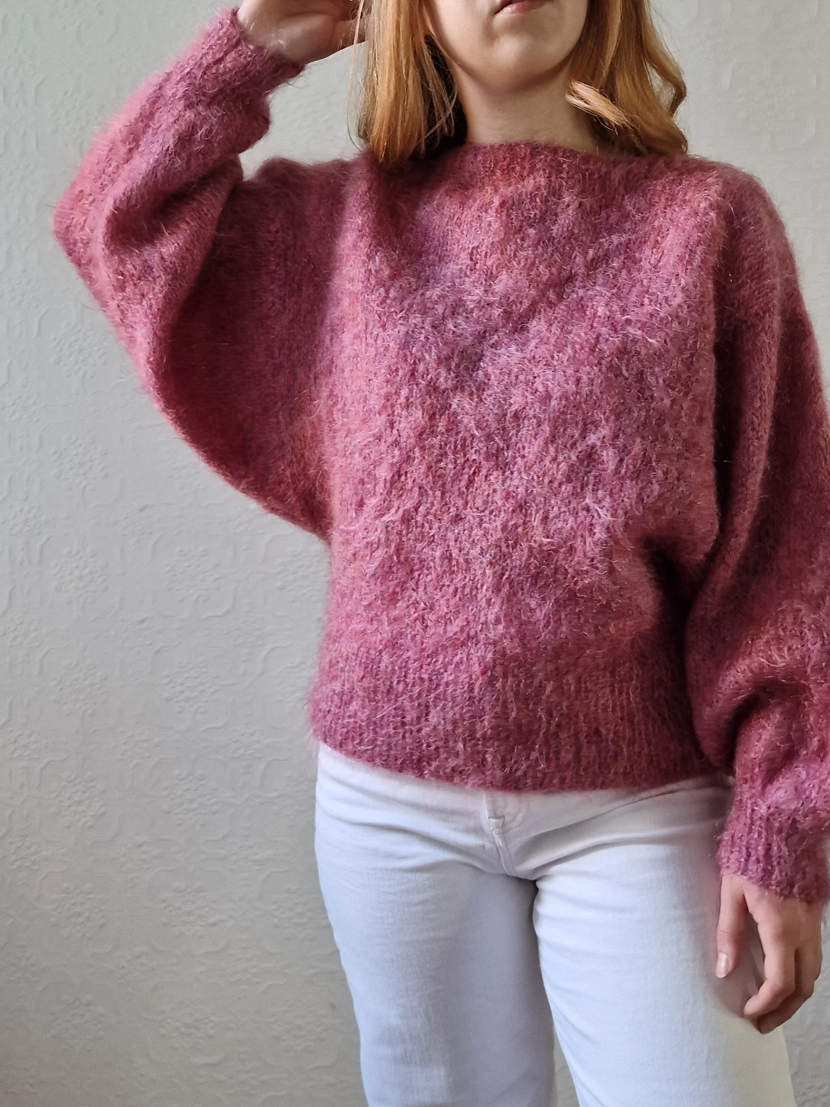 Vintage 80s Handknitted Dark Pink Mohair Jumper with Batwing Sleeves - M/L - Image 8
