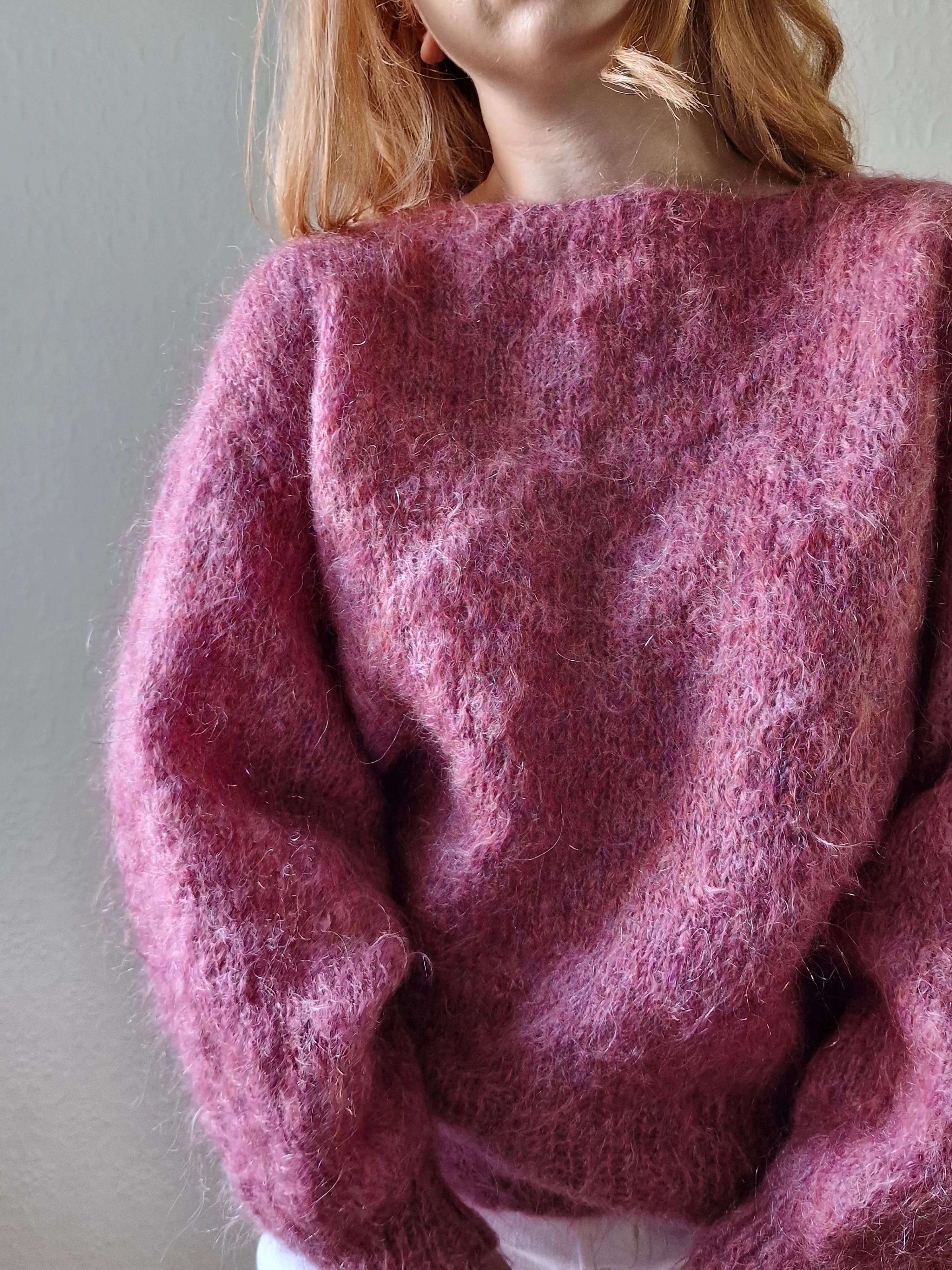Vintage 80s Handknitted Dark Pink Mohair Jumper with Batwing Sleeves - M/L - Image 9