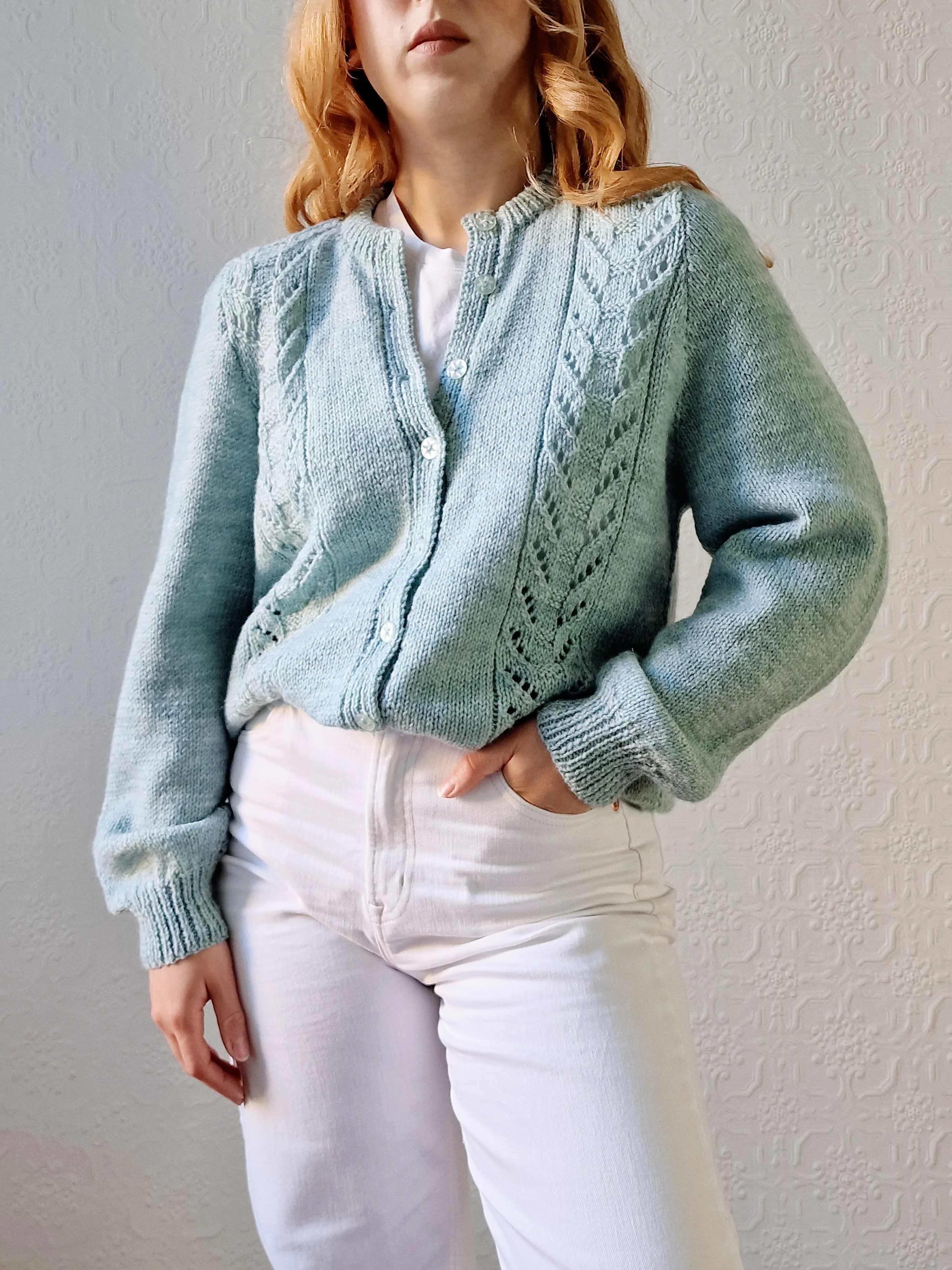 Vintage 80s Handknitted Duck Egg Crew Neck Cardigan - M/L - Image 2