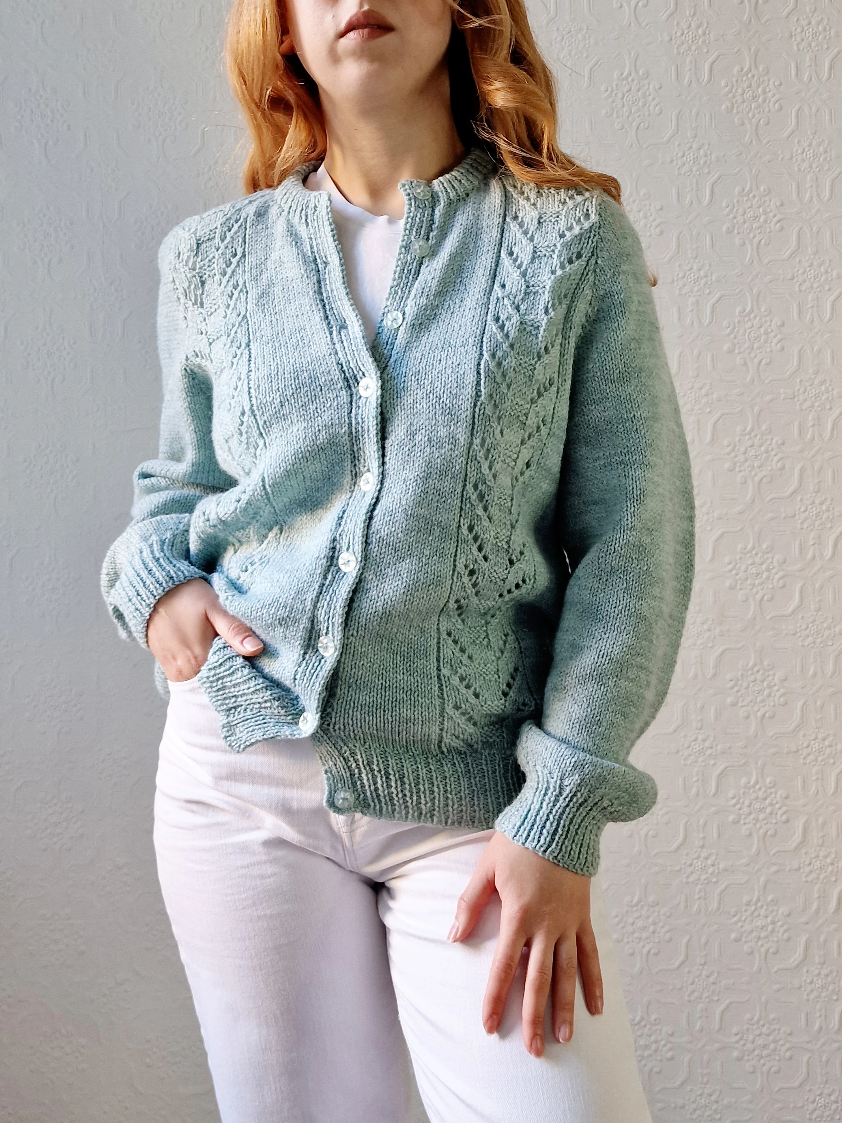 Vintage 80s Handknitted Duck Egg Crew Neck Cardigan - M/L - Image 3