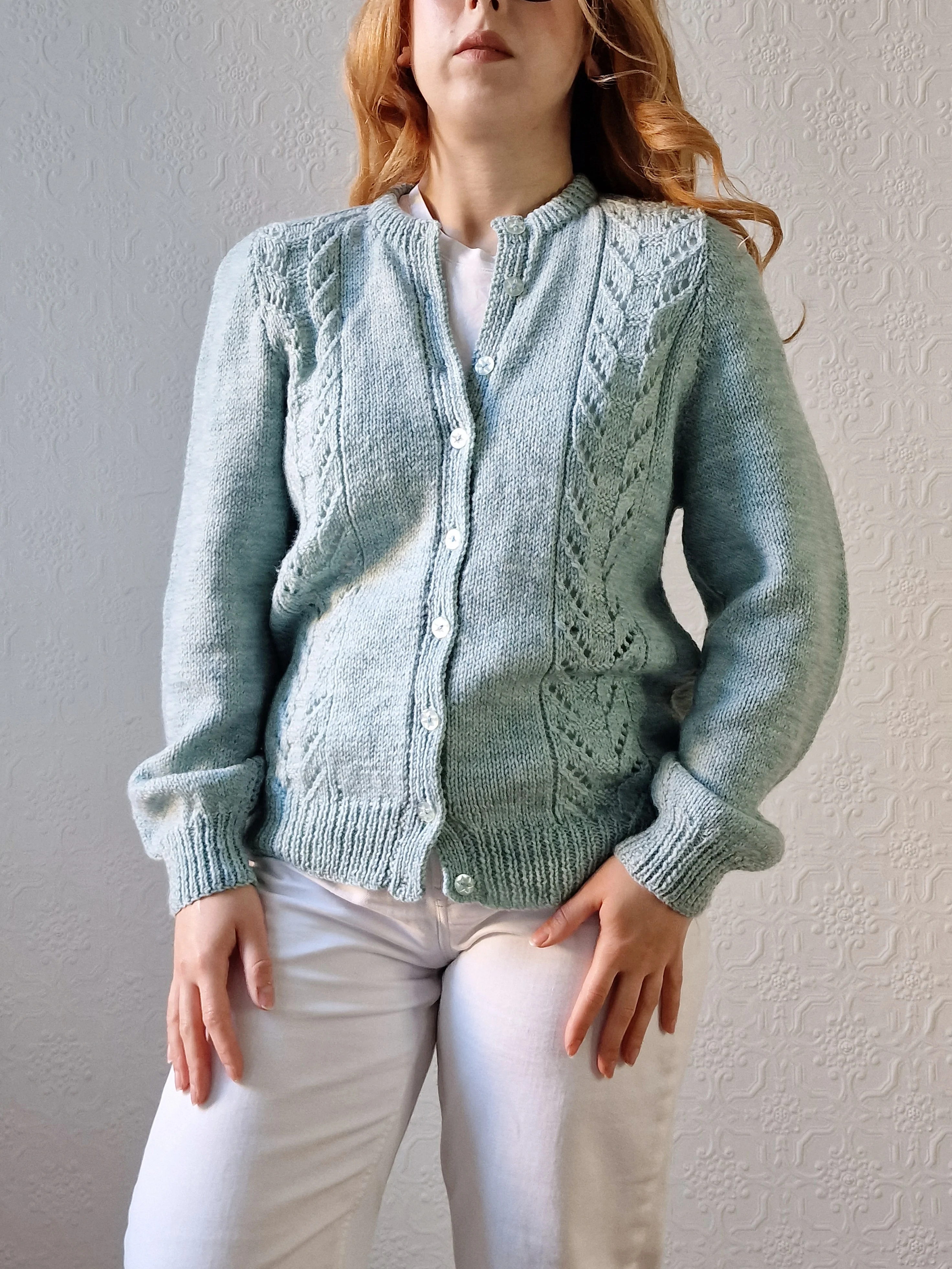 Vintage 80s Handknitted Duck Egg Crew Neck Cardigan - M/L - Image 4